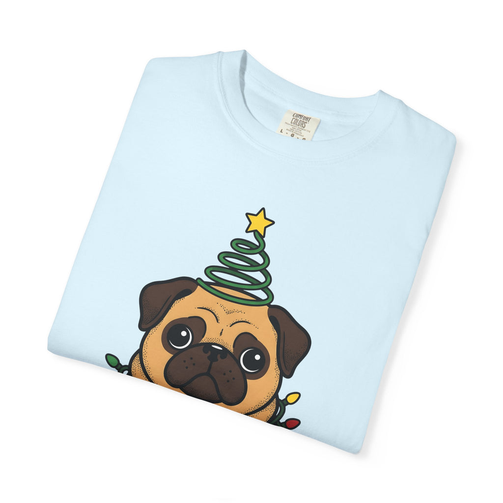 Pug Puppy Shirt Christmas Pet Gift Women Comic Tee Puppy T-Shirt Xmas Fan Cartoon Tshirt Animal Graphic Sketch Holiday Lights Tshirt