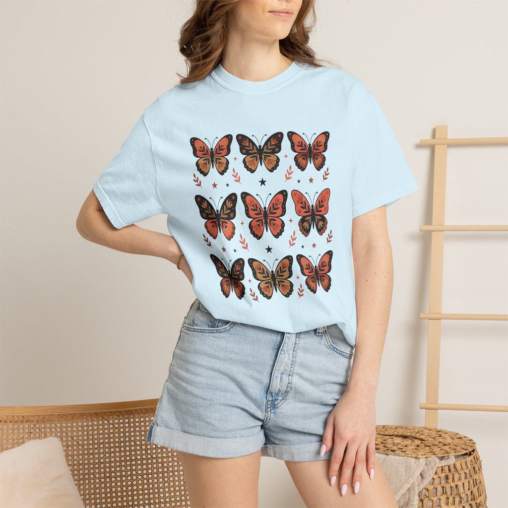 Butterfly Print Shirt Easter Garden Gift Women Folk Tee Butterfly T-Shirt Easter Fan Traditional Tshirt Yard Graphic Heritage Glimmer Tshirt