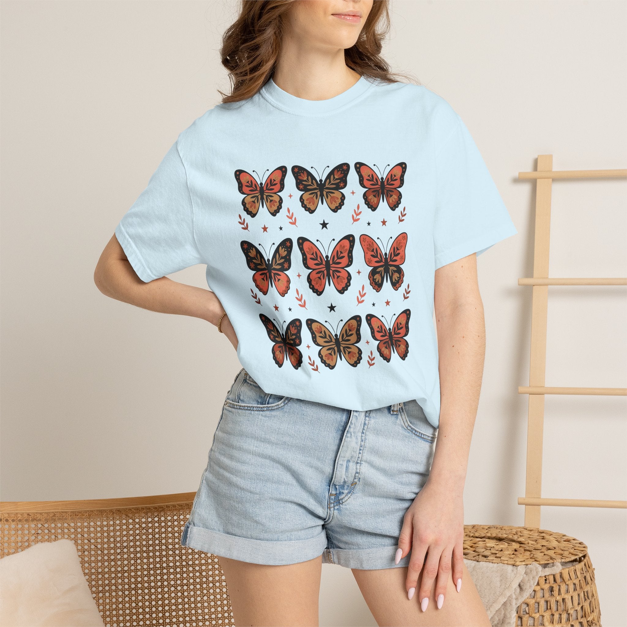 Butterfly Print Shirt Easter Garden Gift Women Folk Tee Butterfly T-Shirt Easter Fan Traditional Tshirt Yard Graphic Heritage Glimmer Tshirt