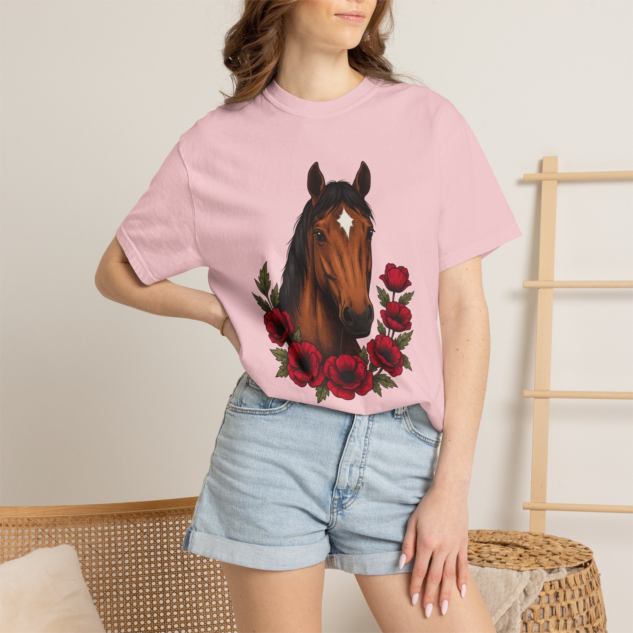 Horse Blossom Shirt Boho Chic Creature Gift Women Tribal Tee Mare T-Shirt Bohemian Fan Ethnic Tshirt Beast Graphic Hand Drawn Poppy Petal