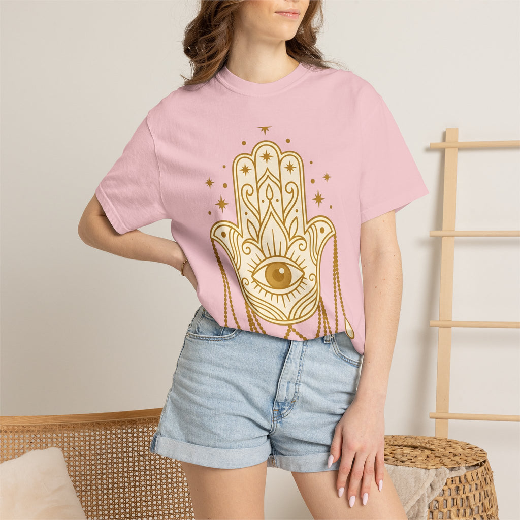 Hamsa Charm Shirt Boho Chic Meditation Gift Women Sketch Tee Hand Charm T-Shirt Bohemian Enthusiast Drawing Illustration Spiritual Design