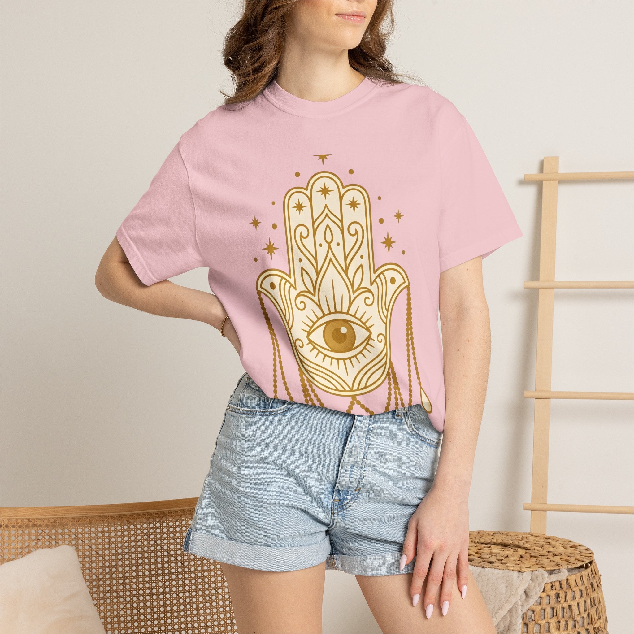 Hamsa Charm Shirt Boho Chic Meditation Gift Women Sketch Tee Hand Charm T-Shirt Bohemian Enthusiast Drawing Illustration Spiritual Design