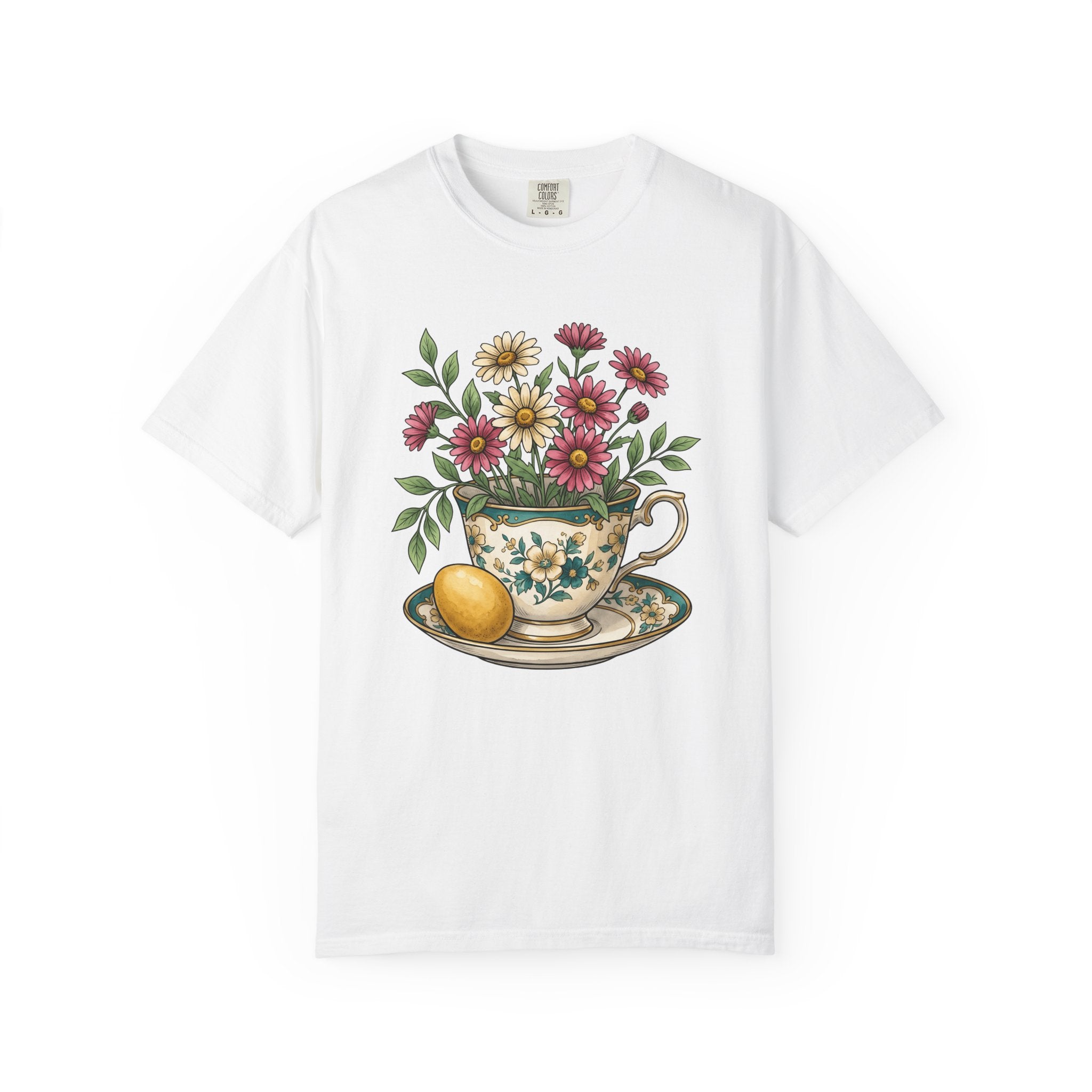 Floral Teacup Shirt Easter Floral Gift Women Vintage Tee Teacup T-Shirt Easter Fan Retro Tshirt Blooms Illustration Hand Drawn Egg Tshirt