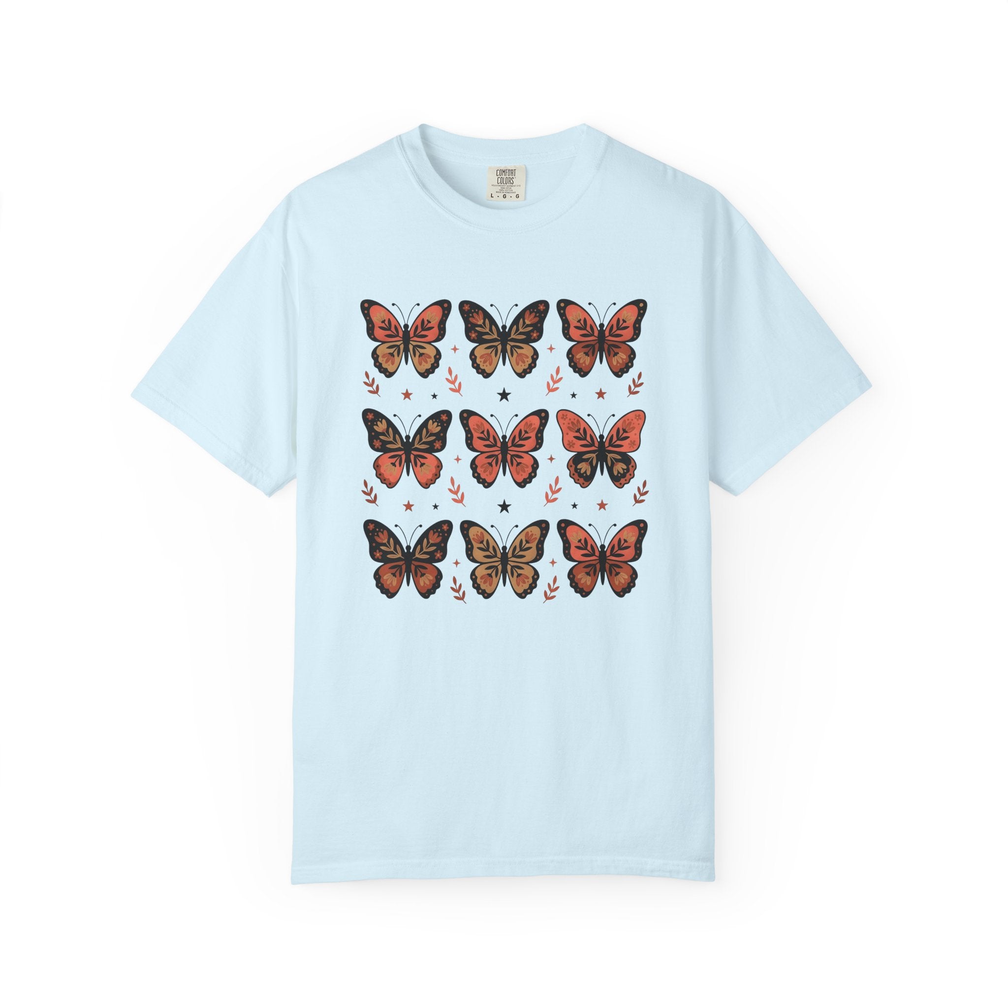 Butterfly Print Shirt Easter Garden Gift Women Folk Tee Butterfly T-Shirt Easter Fan Traditional Tshirt Yard Graphic Heritage Glimmer Tshirt