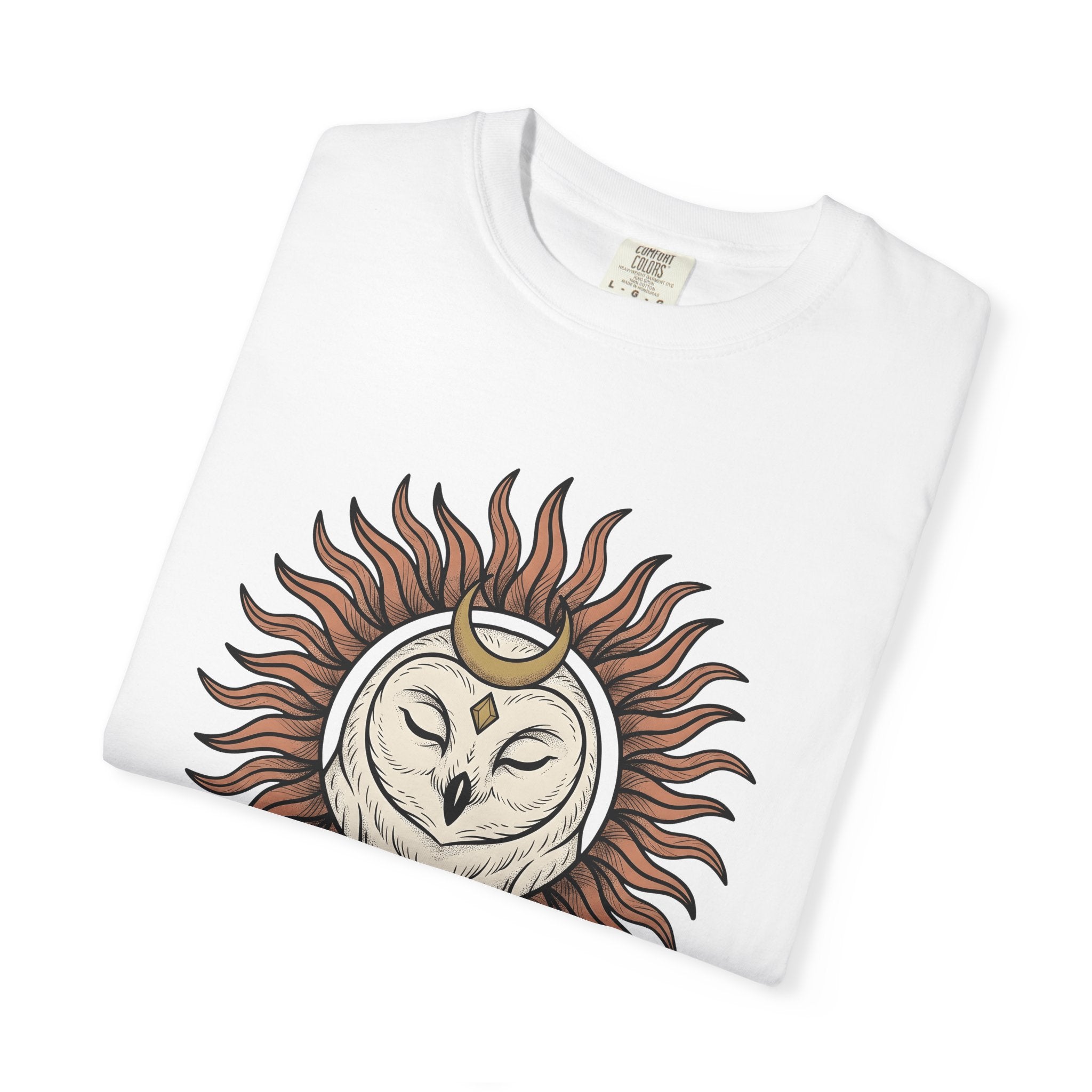 Owl Sun Shirt Boho Chic Magic Gift Women Tribal Tee Hoot T-Shirt Hippie Fan Ethnic Tshirt Mystical Graphic Sketch Crescent Moon Tshirt