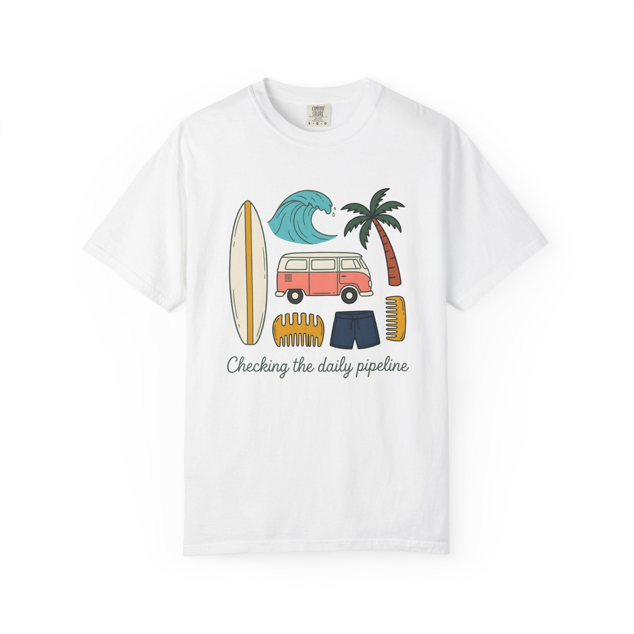 Beach Van Surfboard Shirt Surfing Ocean Gift Women Line Art Tee Camper Van T-Shirt Surfer Enthusiast Illustration Tshirt Sea Graphic Classic