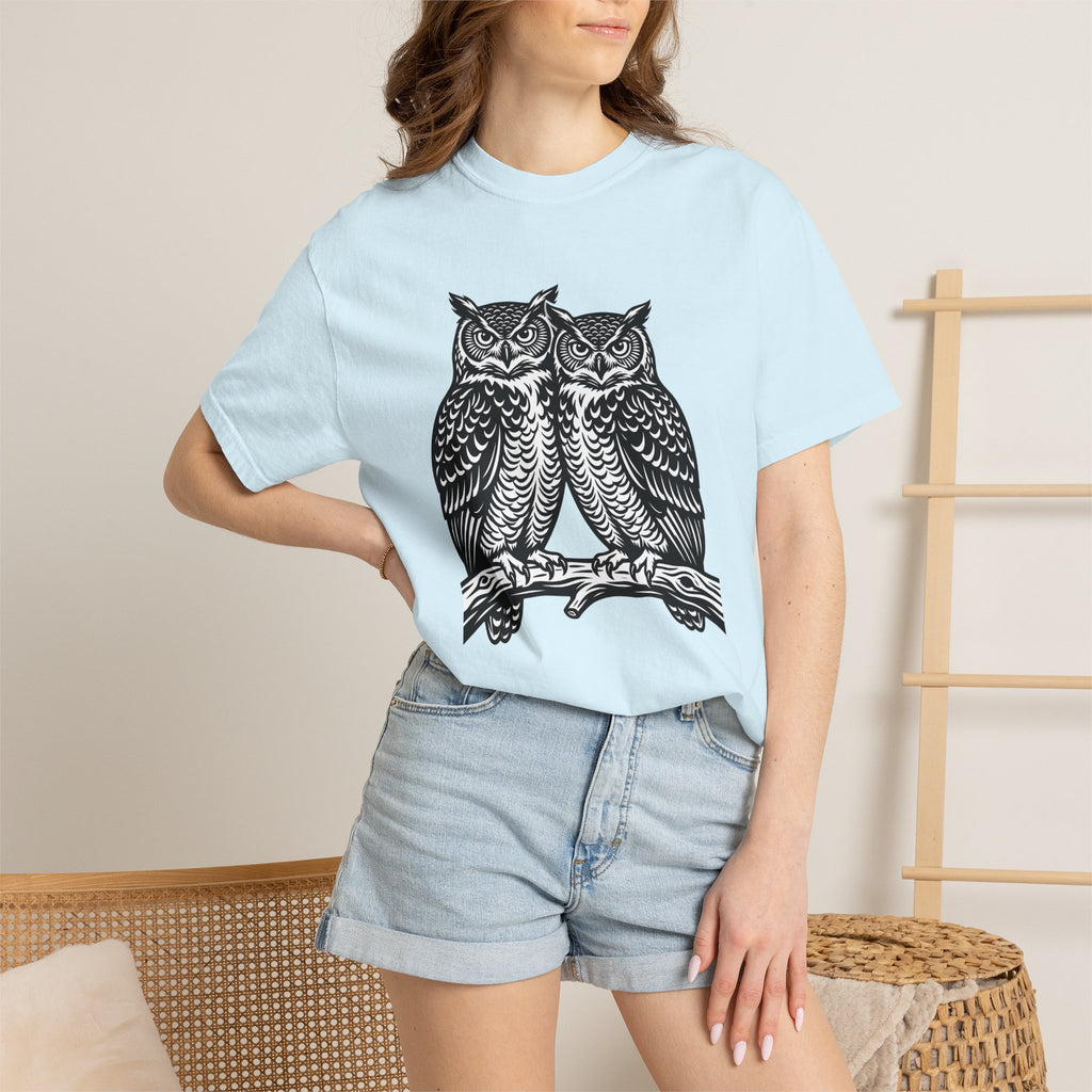 Owl Couple Shirt Animals Forest Gift Women Linocut Tee Owls T-Shirt Wildlife Fan Owl Art Tshirt Woodland Graphic Retro Limb Tshirt