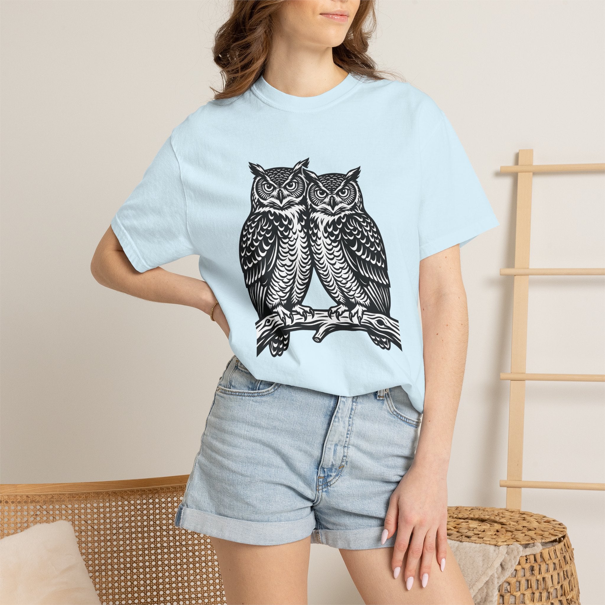 Owl Couple Shirt Animals Forest Gift Women Linocut Tee Owls T-Shirt Wildlife Fan Owl Art Tshirt Woodland Graphic Retro Limb Tshirt