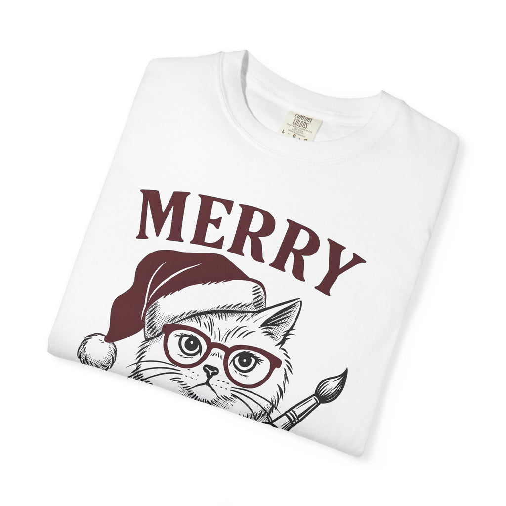 Cat Santa Hat Shirt Cat Christmas Gift Women Hand Drawn Tee Kitty Cat T-Shirt Feline Fan Illustrated Graphic Christmas Design Vintage
