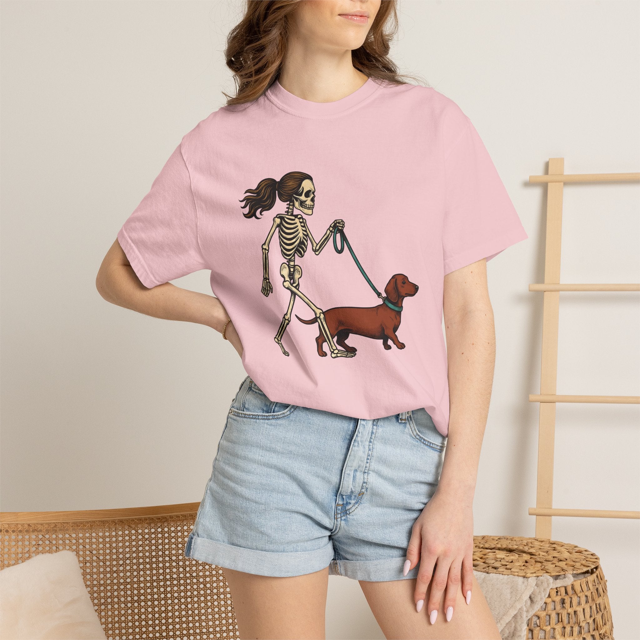 Skeleton Dog Stroll Shirt Halloween Pet Gift Women Comic Tee Dog Walk T-Shirt Halloween Fan Cartoon Tshirt Pet Graphic Retro Dachshund