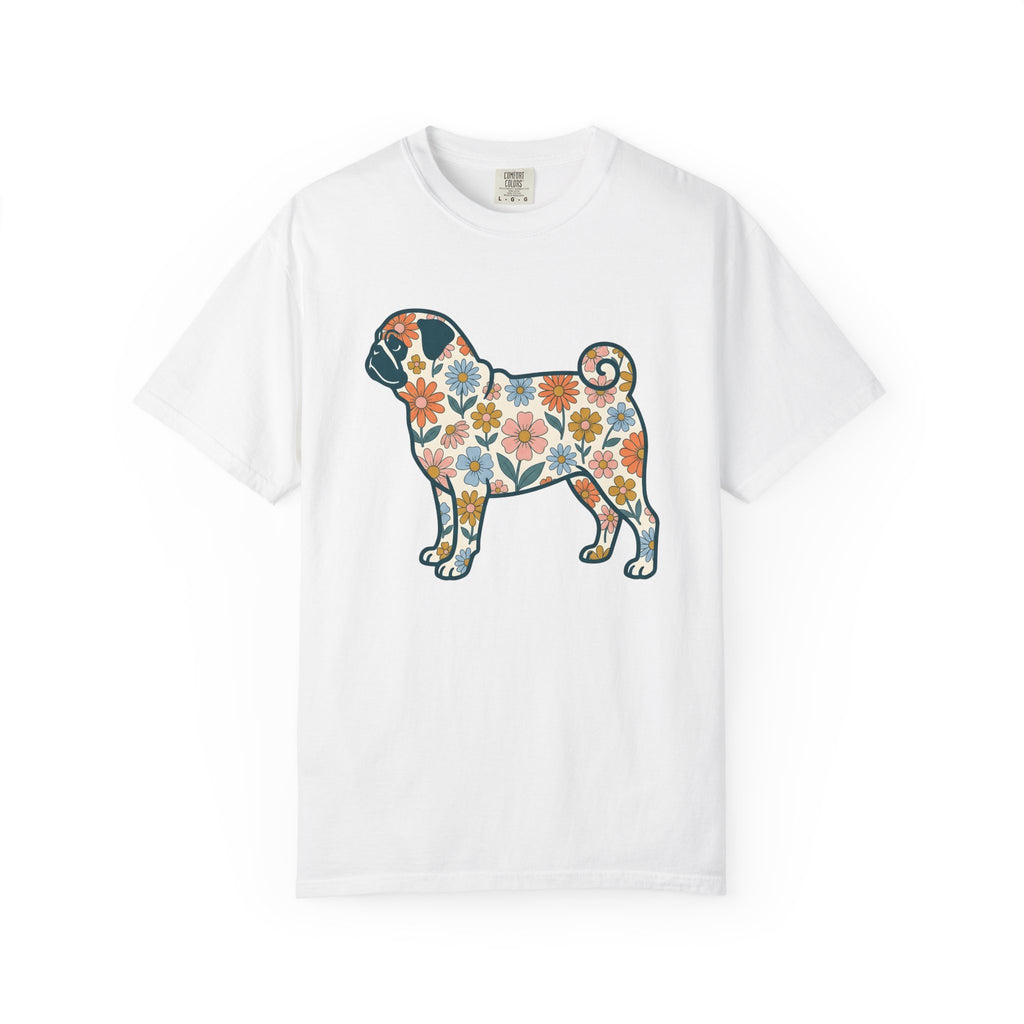 Pug Dog Shirt Dog Floral Gift Women Floral Graphic Tee Puggle T-Shirt Dog Fan Graphic Tshirt Botanical Illustration Retro Daisy Tshirt