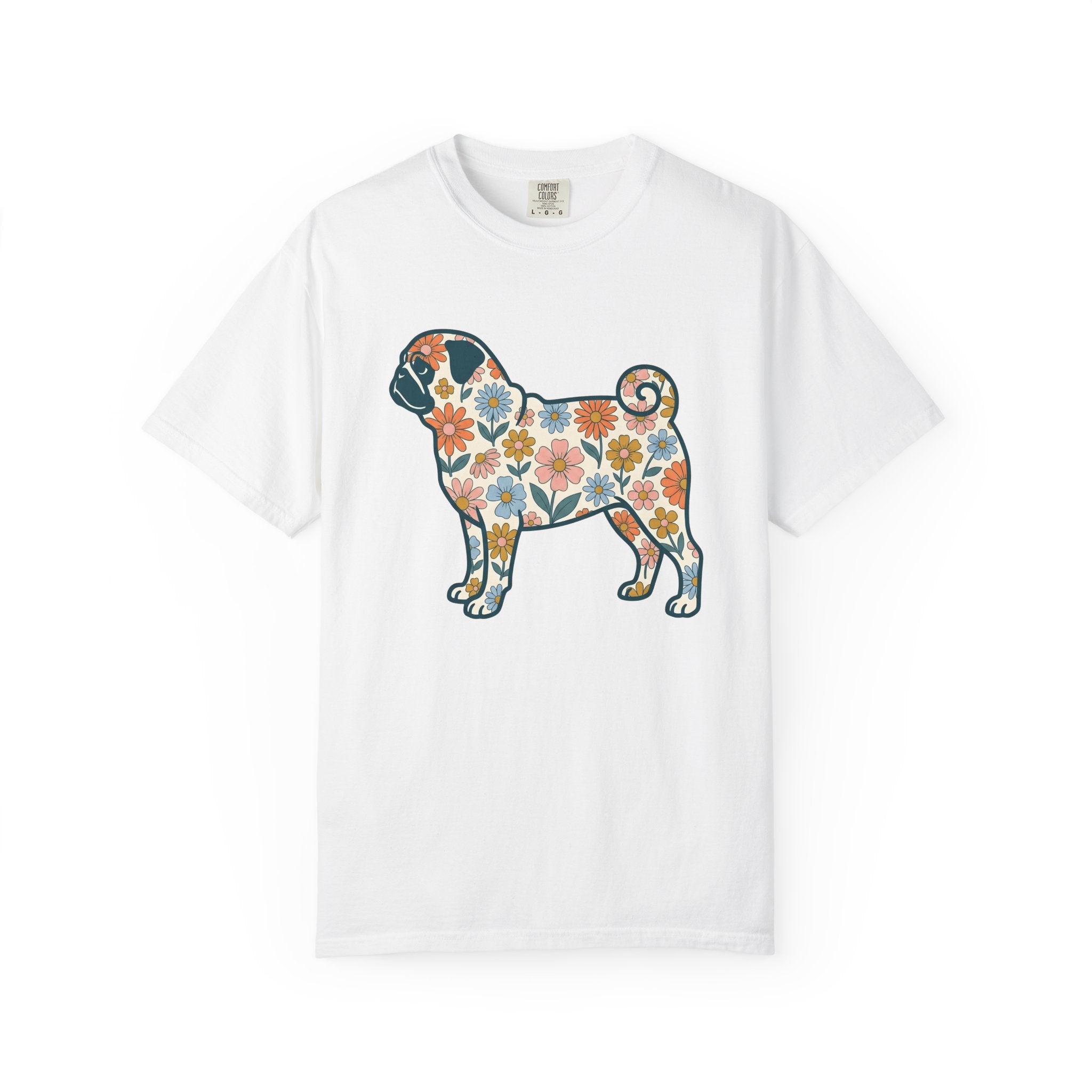 Pug Dog Shirt Dog Floral Gift Women Floral Graphic Tee Puggle T-Shirt Dog Fan Graphic Tshirt Botanical Illustration Retro Daisy Tshirt