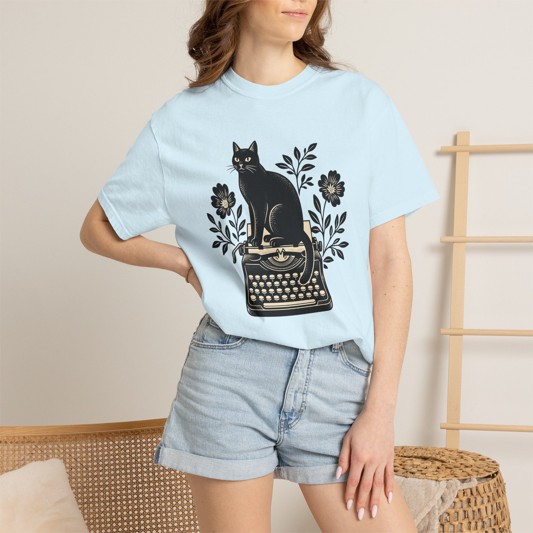 Black Cat Typewriter Shirt Cat Botanical Gift Women Hand Drawn Tee Cat T-Shirt Cat Fan Feline Tshirt Floral Graphic Line Art Flower Bouquet