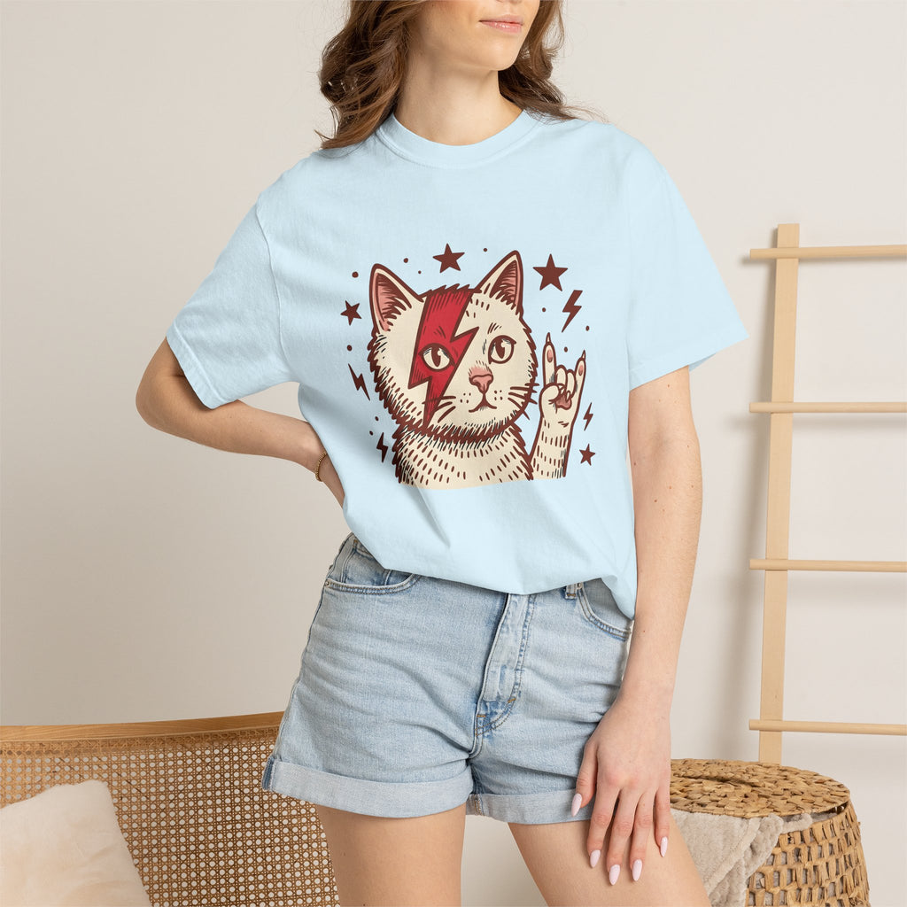 Rock Cat Shirt Cat Music Gift Women Bold Graphic Tee Kitty T-Shirt Feline Fan Graphic Design Musician Graphic Retro Stars Tshirt