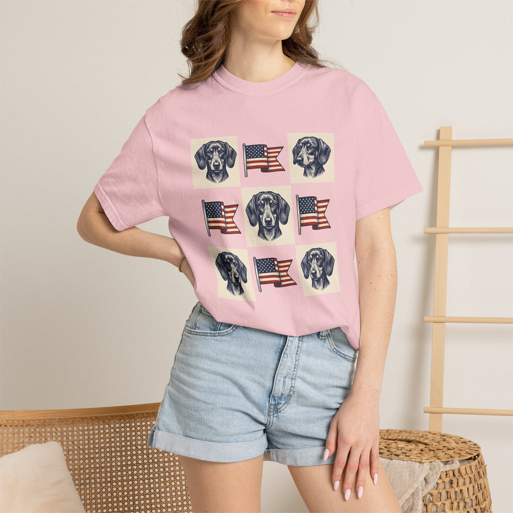 Dachshund Dog Shirt Dog Patriotic Gift Women Vintage Tee Wiener Dog T-Shirt Dog Fan Doodle Tshirt Star Spangled Graphic Retro American Flag