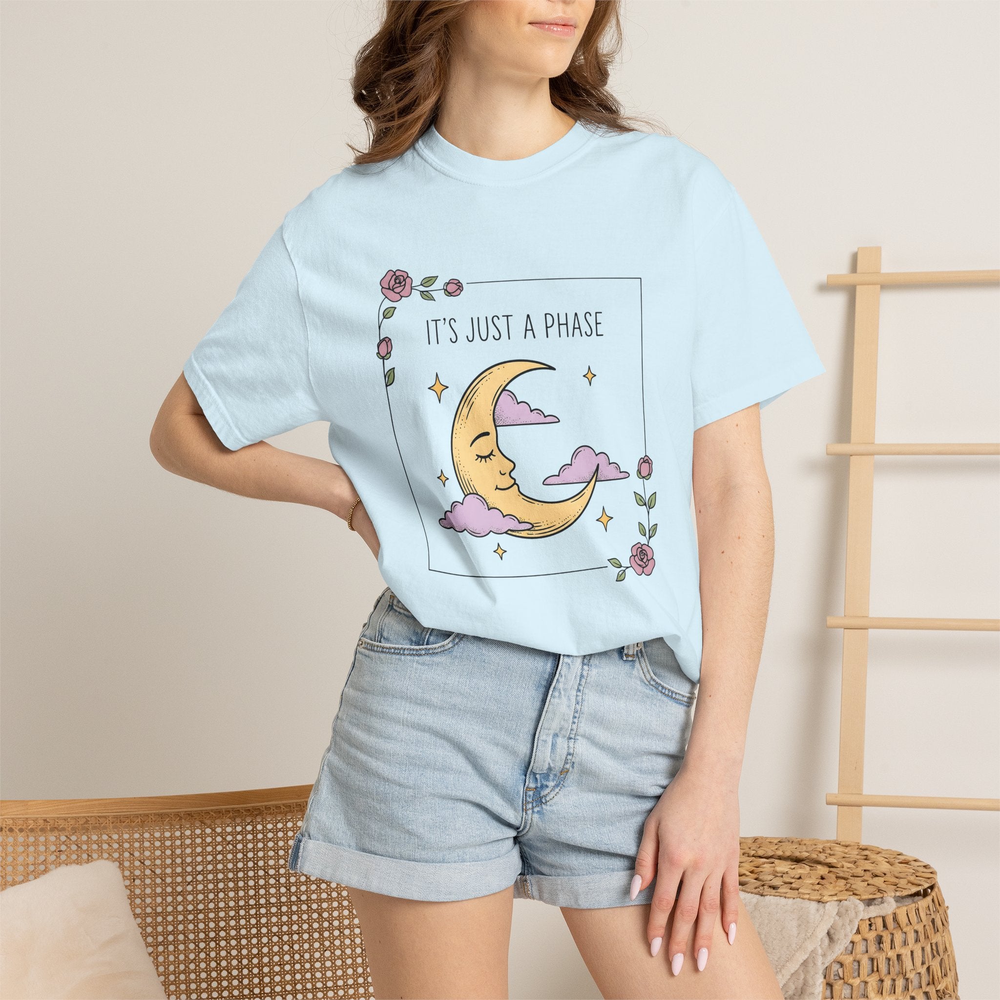 Crescent Moon Shirt Boho Chic Zodiac Gift Women Cute Tee Lunar T-Shirt Bohemian Enthusiast Kawaii Tshirt Astrology Graphic Line Art Pink