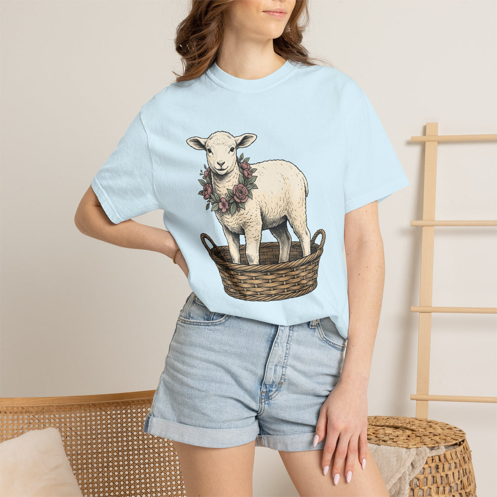 Lamb In Basket Shirt Easter Critter Gift Women Cartoon Tee Baby Lamb T-Shirt Easter Fan Cartoonish Tshirt Creature Graphic Rustic Flower