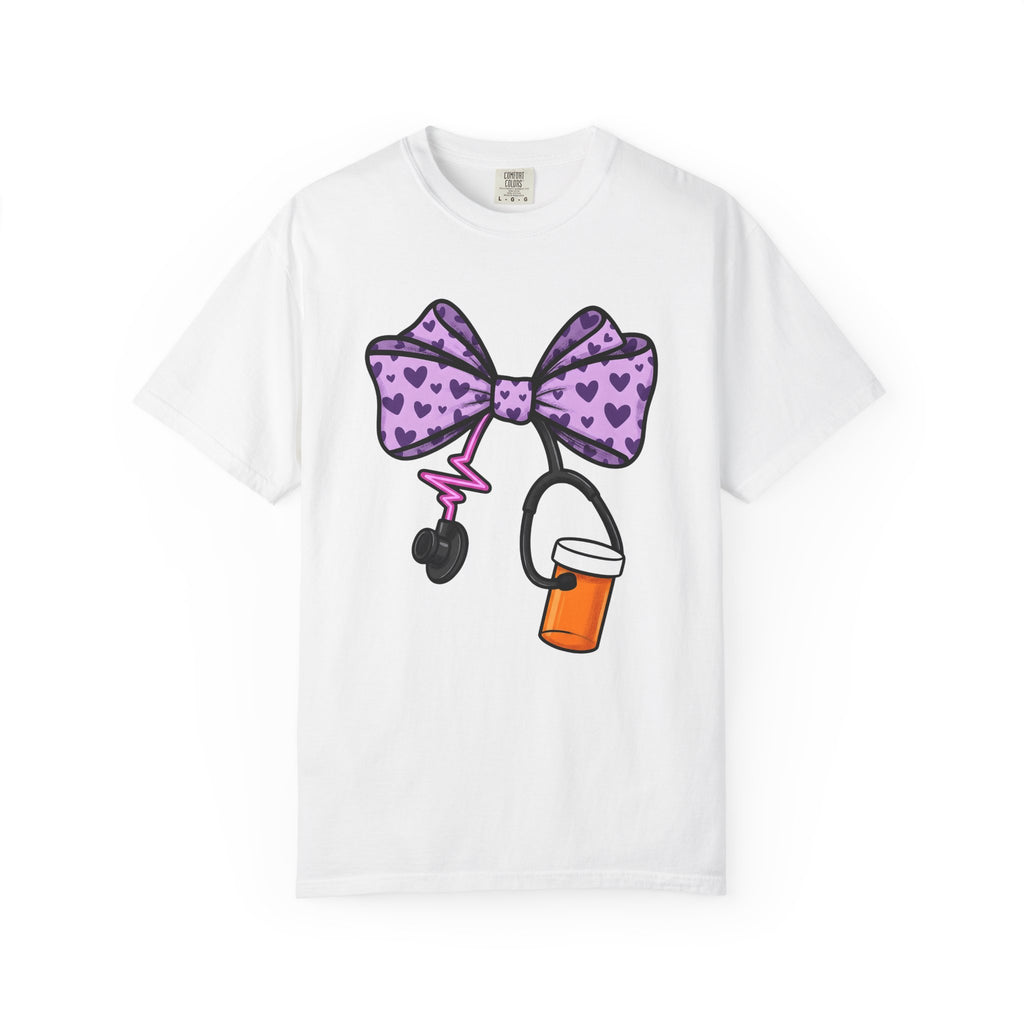 Heart Bow Stethoscope Shirt Nurses Clinic Gift Women Illustration Tee Stethoscopes T-Shirt Nurse Enthusiast Medical Tshirt Hospital Graphic