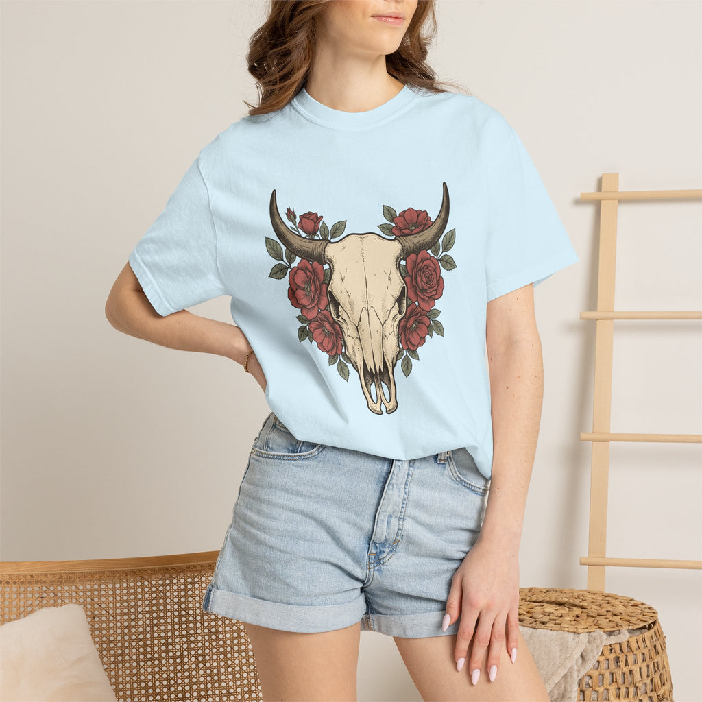 Steer Skull Shirt Cowgirl Cowboy Gift Women Ink Tee Bull Skull T-Shirt Rodeo Fan Tattoo Tshirt Cowboy Graphic Retro Flower Tshirt
