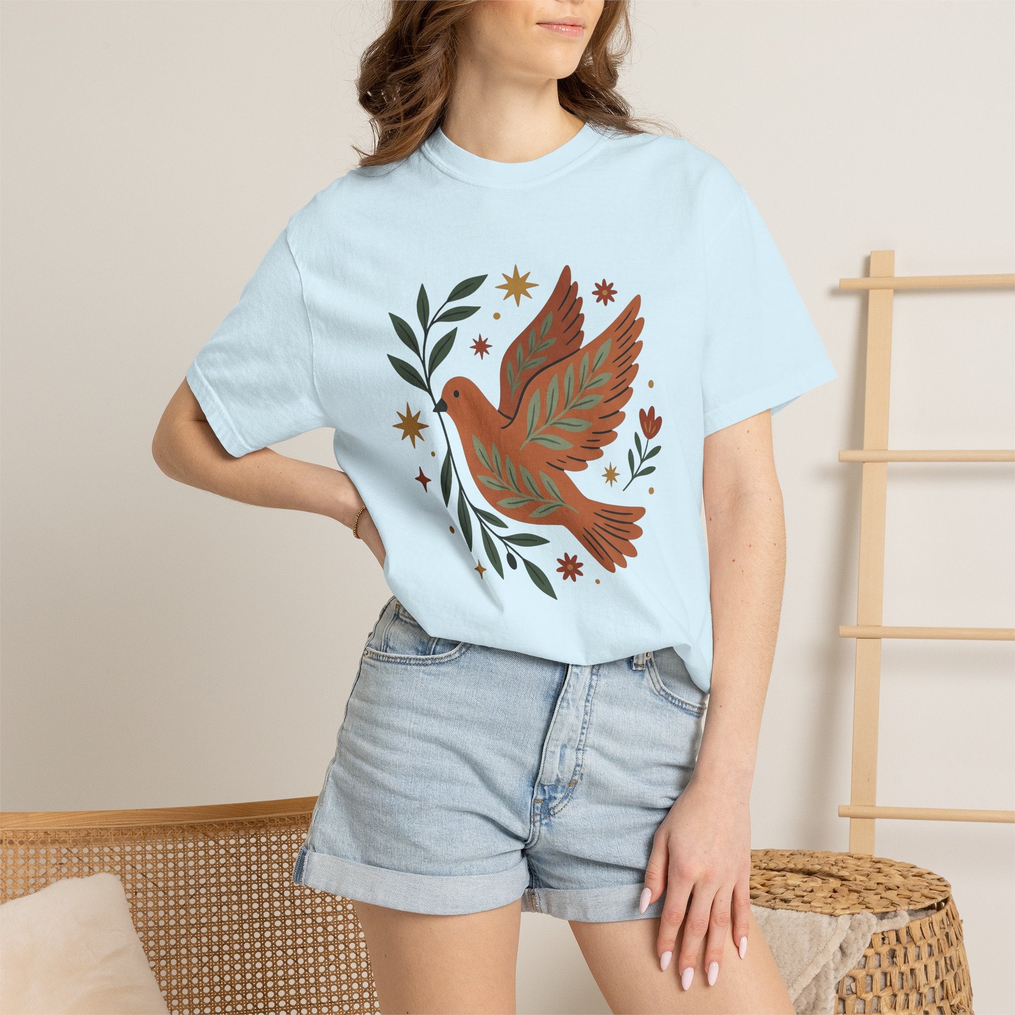 White Dove Shirt Easter Tranquility Gift Women Hand Drawn Tee Pigeon T-Shirt Easter Fan Dove Tshirt Peaceful Graphic Classic Branch Leaves