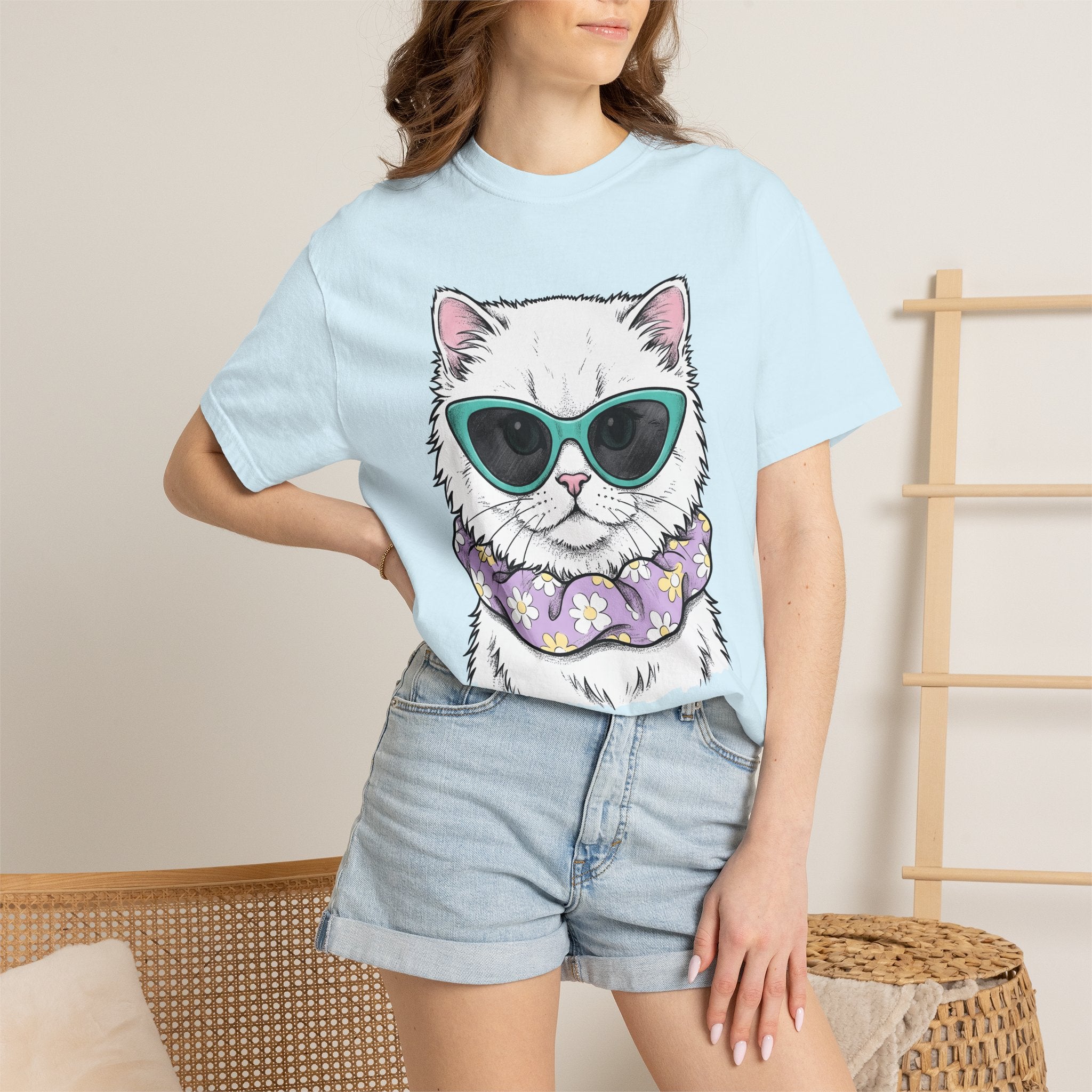 White Kitten Shirt Easter Pet Gift Women Sketch Tee Kitten T-Shirt Easter Fan Drawing Graphic Vintage Flower Scarf Tshirt