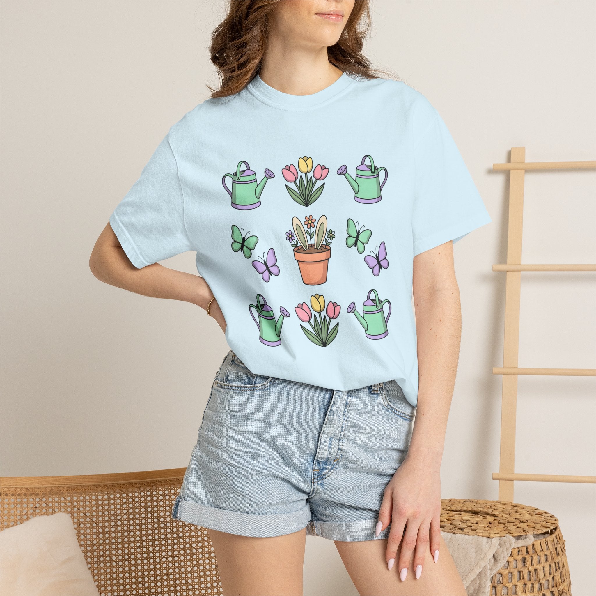 Rabbit Ears Pot Shirt Easter Plants Gift Women Adorable Tee Flowerpot T-Shirt Easter Fan Floral Tshirt Cute Illustration Soft Colors Flower