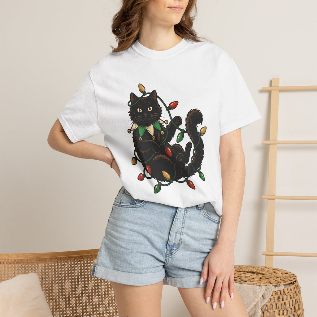 Black Cat Shirt Christmas Pet Gift Women Vintage Tee Cat T-Shirt Xmas Fan Retro Tshirt Animal Graphic Hand Drawn Christmas Lights Tshirt