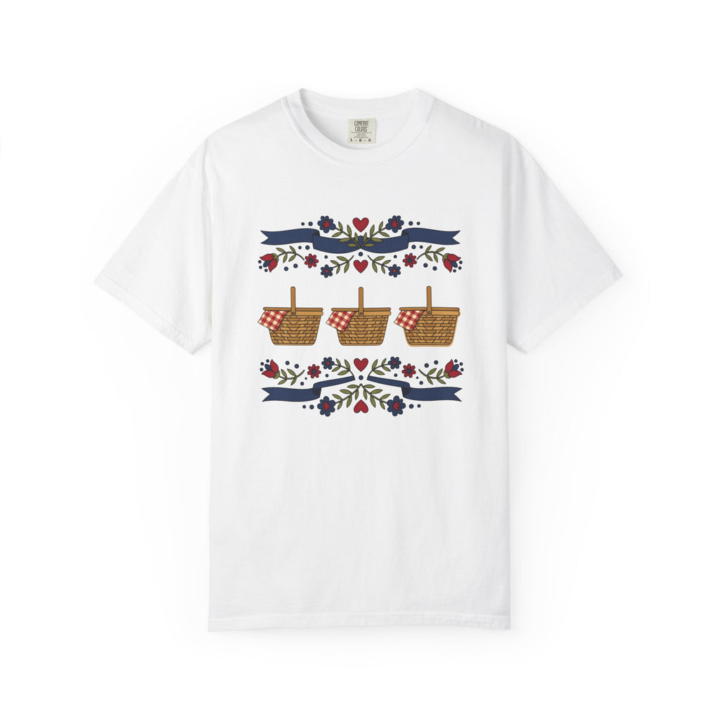 Picnic Basket Shirt America 4Th Of July Independence Gift Women Traditional Tee Hamper T-Shirt Patriotic Fan Folk Art Tshirt Liberty Graphic