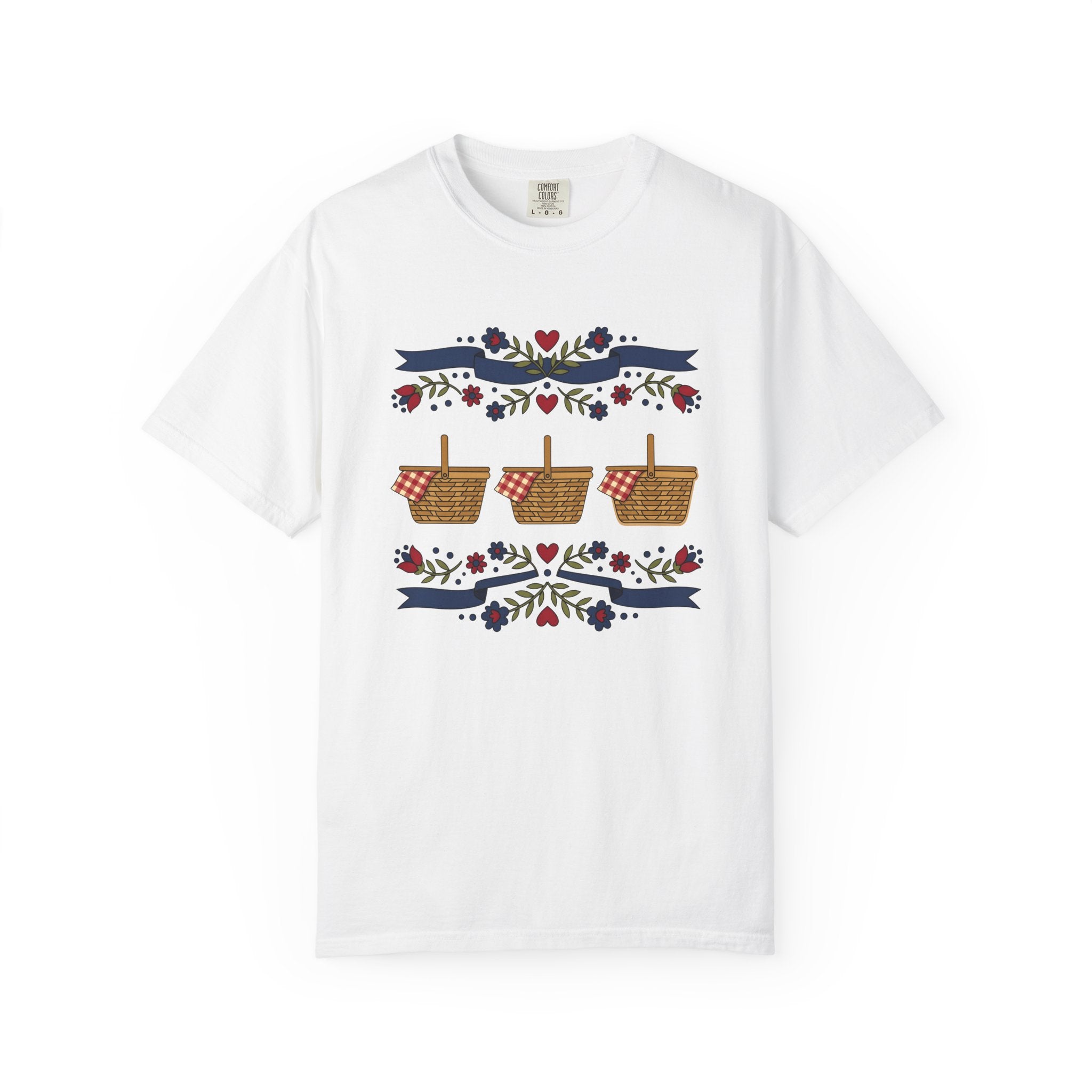 Picnic Basket Shirt America 4Th Of July Independence Gift Women Traditional Tee Hamper T-Shirt Patriotic Fan Folk Art Tshirt Liberty Graphic