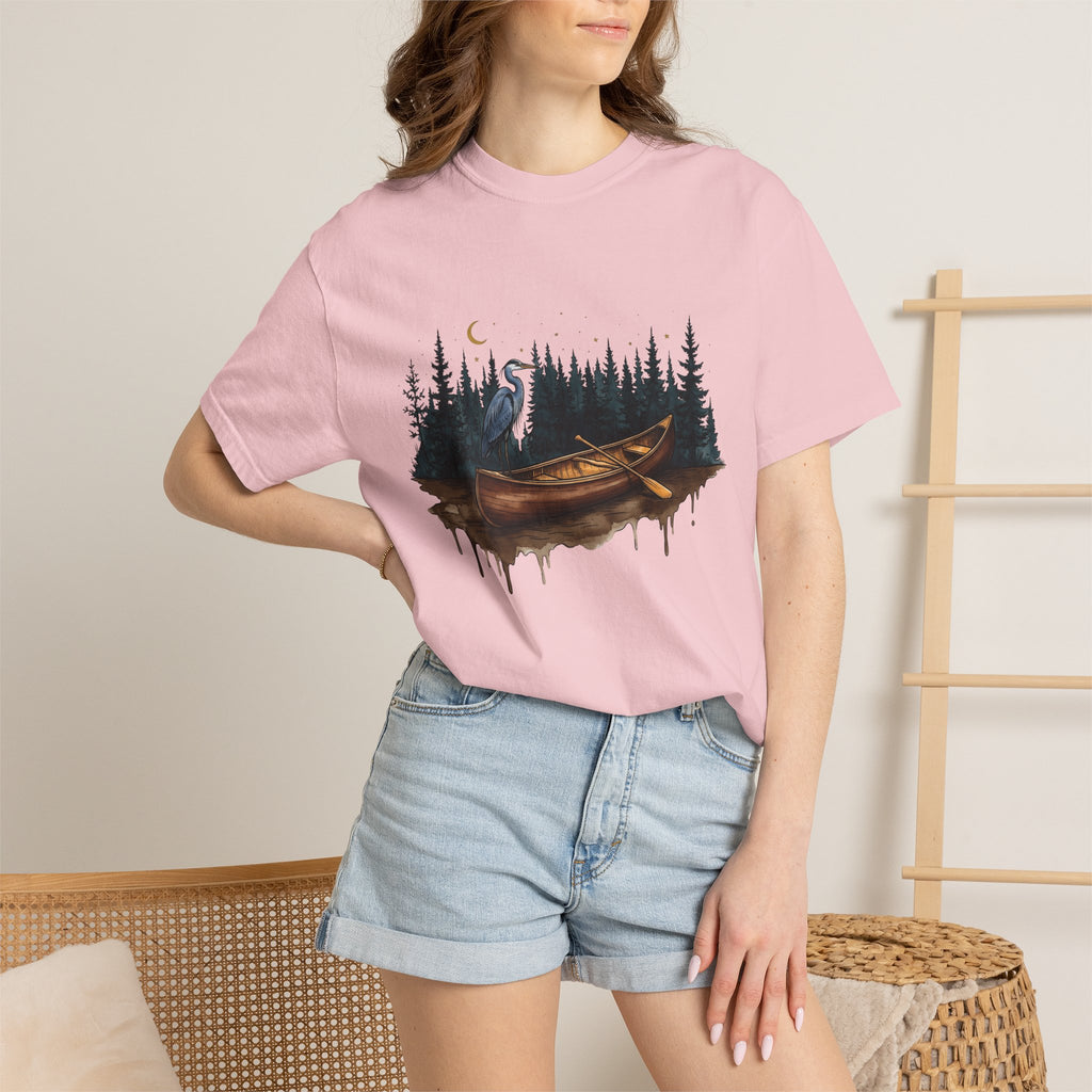 Kayak Bird Shirt Camping Exploration Gift Women Sketch Tee Heron T-Shirt Camper Fan Hand Drawn Tshirt Adventure Graphic Retro Fir Trees