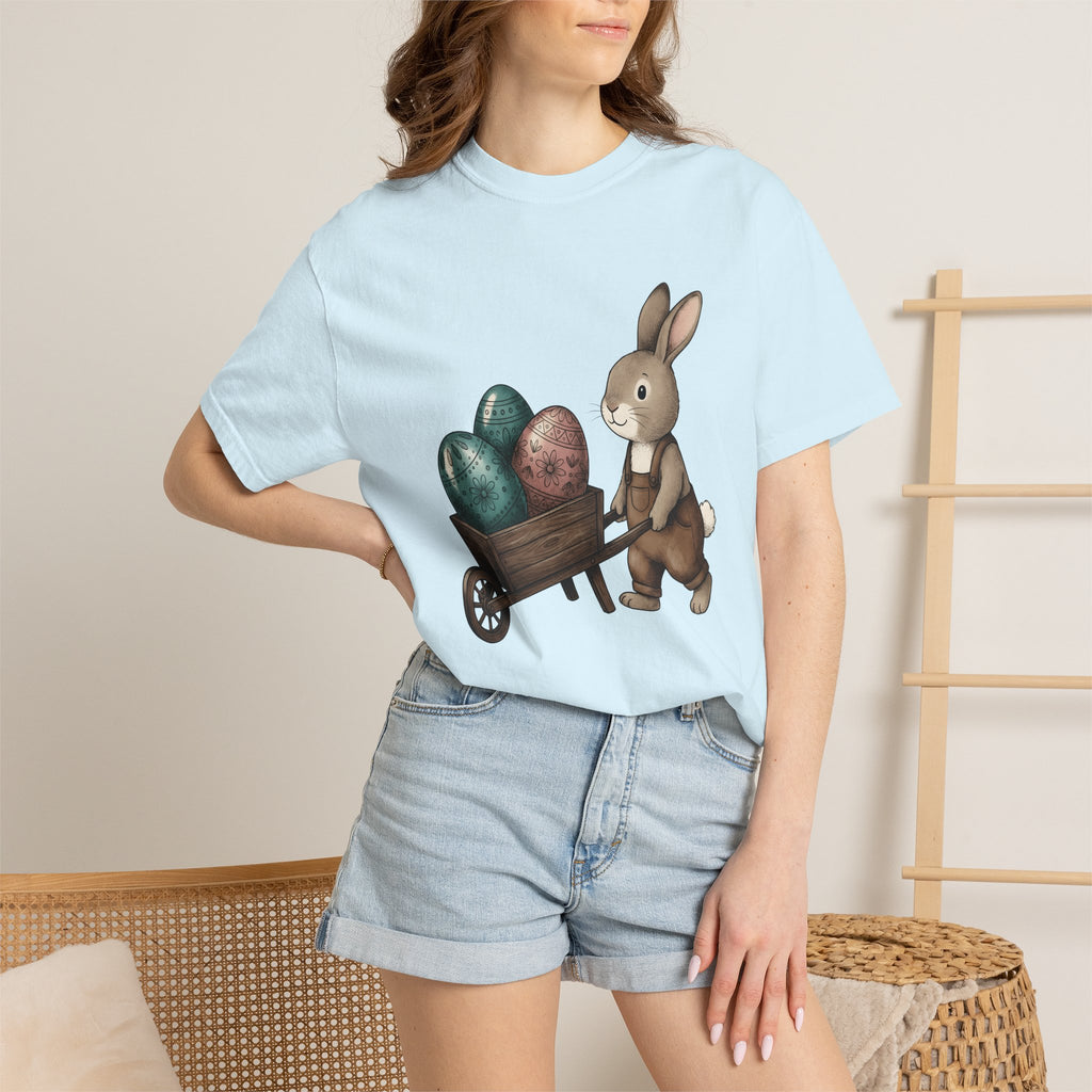 Bunny Cart Shirt Easter Wildlife Gift Women Sweet Tee Rabbit T-Shirt Easter Fan Bunny Tshirt Wildlife Graphic Doodle Colorful Eggs Tshirt