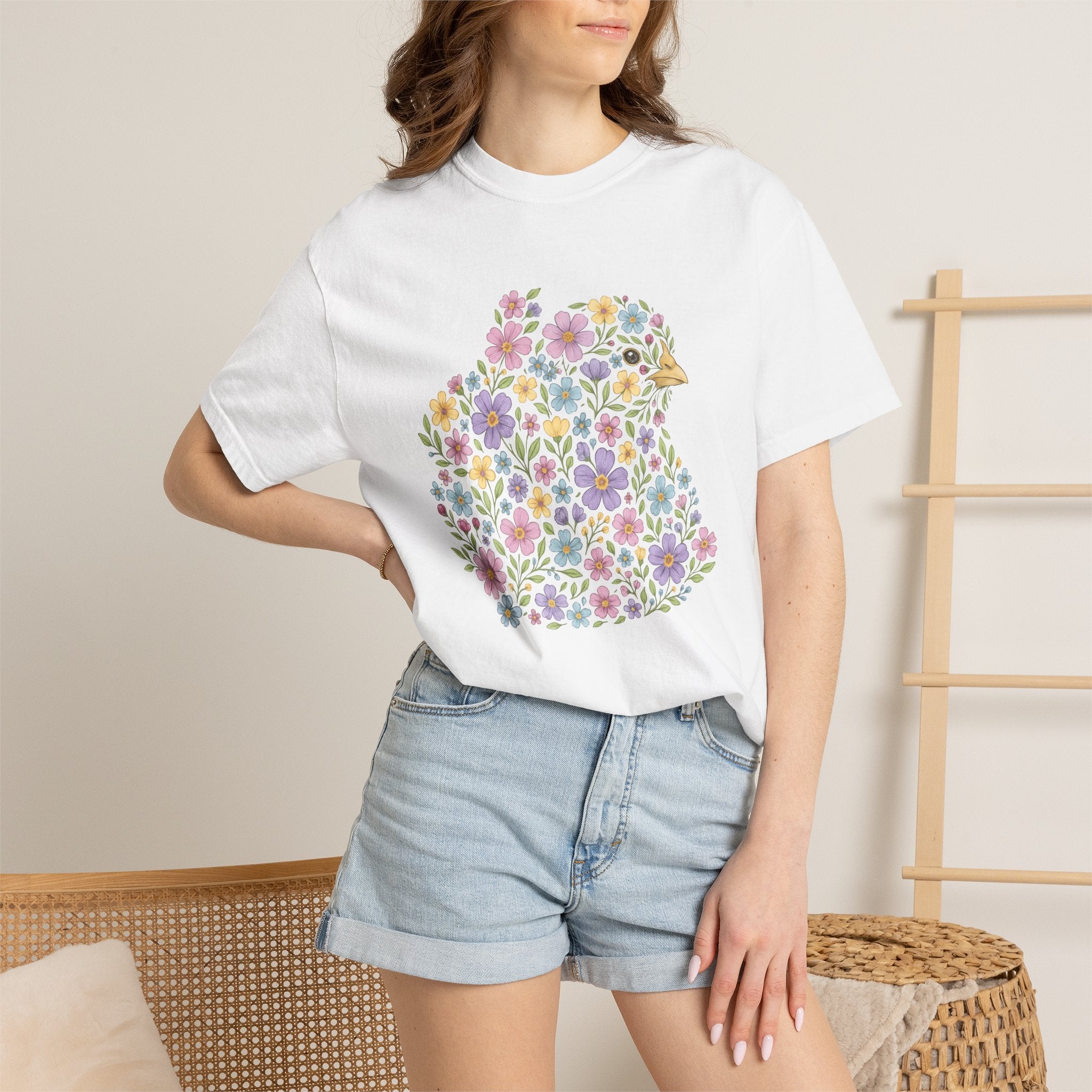 Flower Chicken Shirt Easter Blooms Gift Women Sketch Tee Hen T-Shirt Easter Fan Hen Drawing Retro Garden Flowers Tshirt