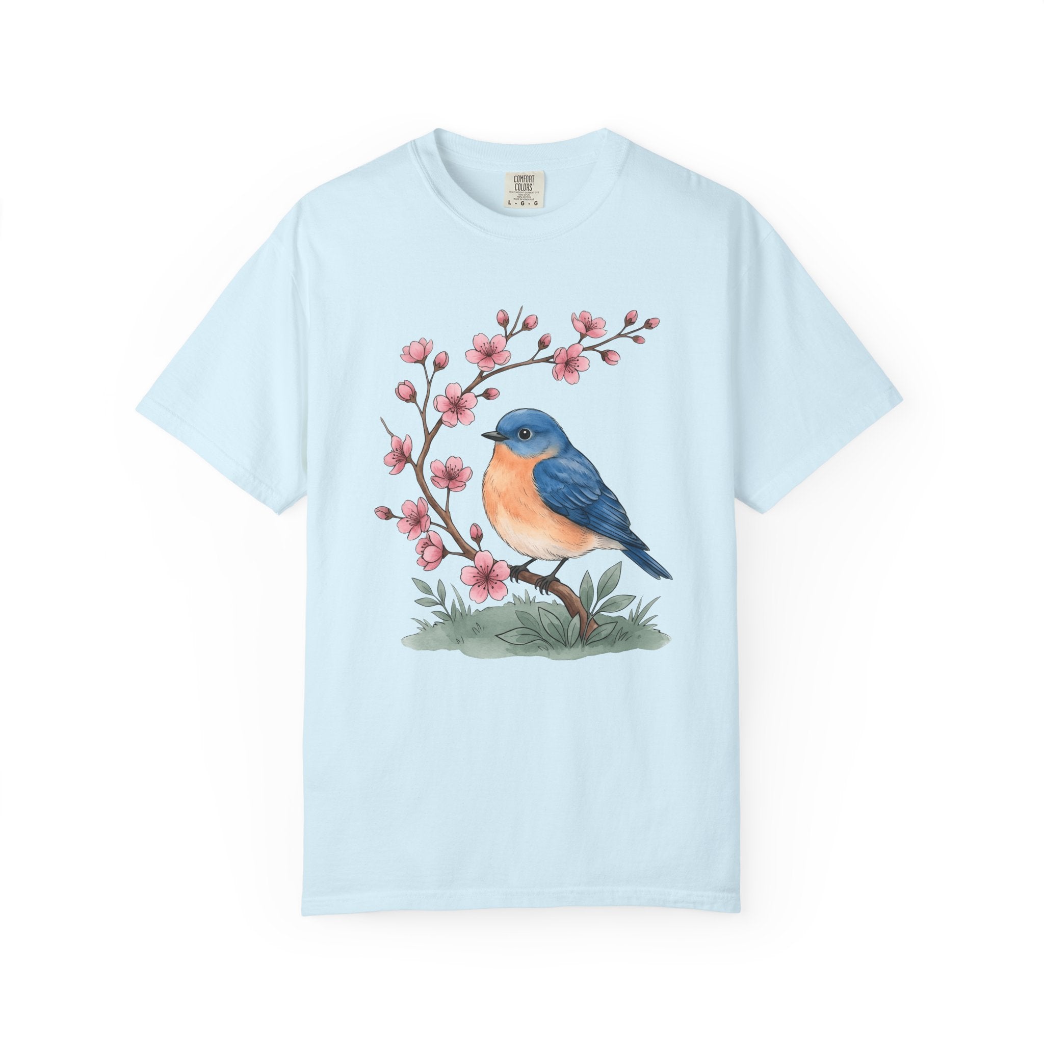Bluebird Floral Shirt Easter Spring Gift Women Watercolor Tee Floral T-Shirt Easter Fan Painted Tshirt Seasonal Graphic Hand Drawn Cherry