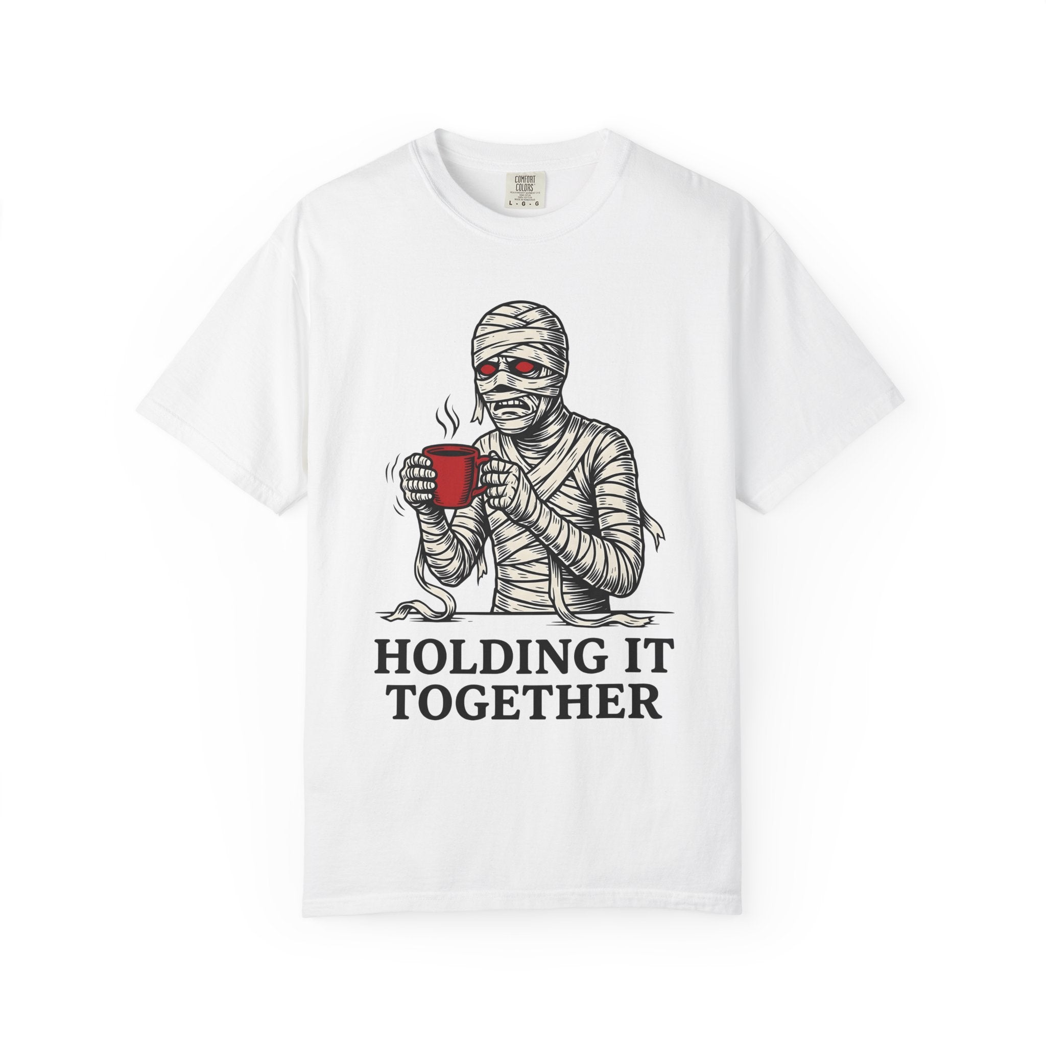 Bandaged Coffee Cup Shirt Halloween Caffeine Gift Women Cartoon Tee Mug T-Shirt Spooky Fan Coffee Cup Tshirt Caffeine Graphic Sketch Crimson
