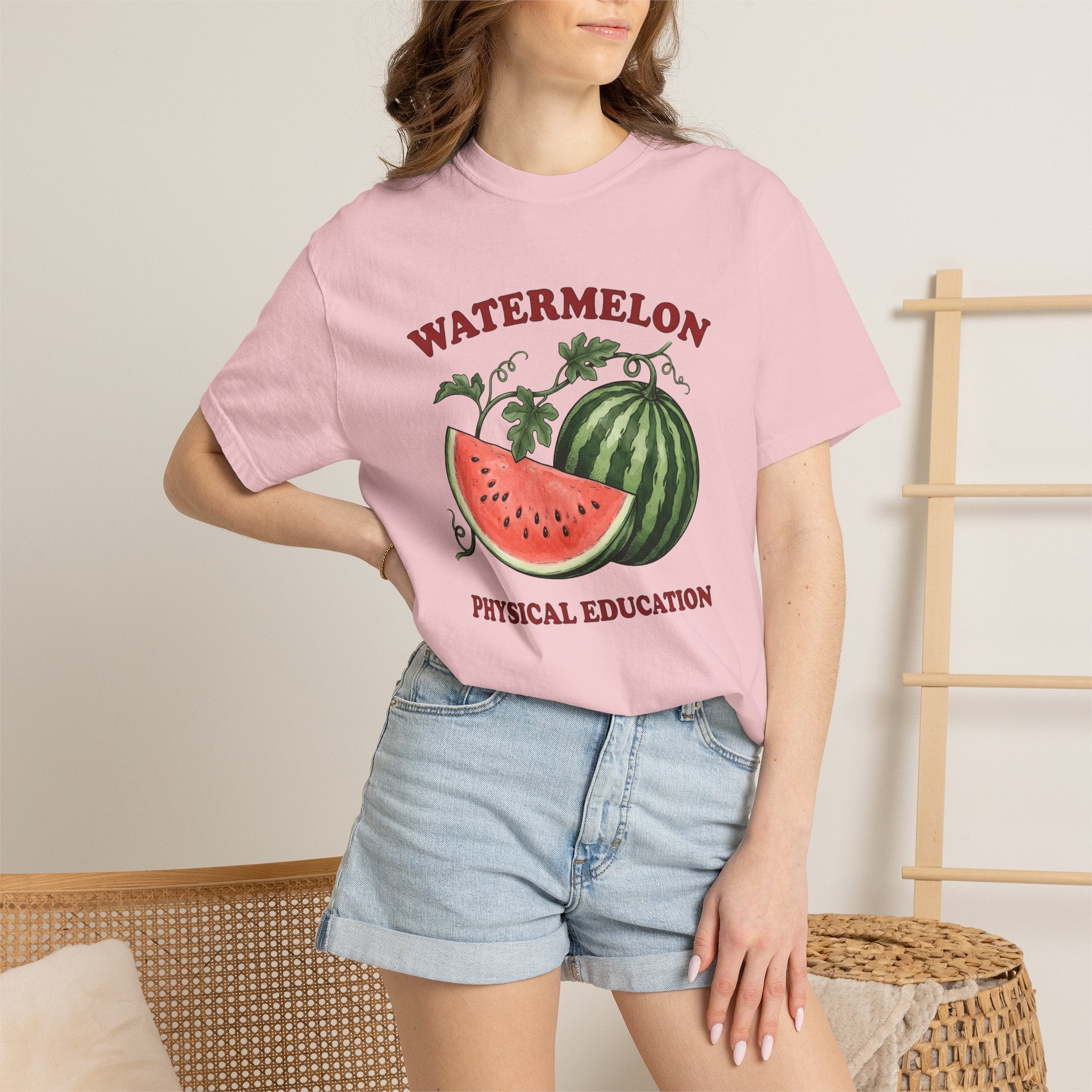 Watermelon Slice Shirt Fruit Vacation Gift Women Cartoon Tee Melon T-Shirt Produce Fan Citrus Tshirt Holiday Graphic Line Art Green Leaves