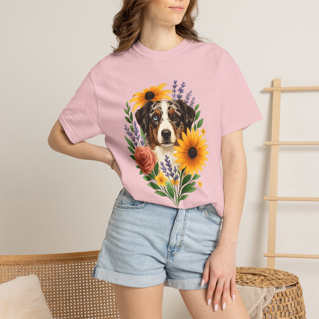 Aussie Breed Shirt Dog Bouquet Gift Women Painterly Tee Australian Dog T-Shirt Dog Fan Watercolor Tshirt Floral Graphic Folk Petals Tshirt