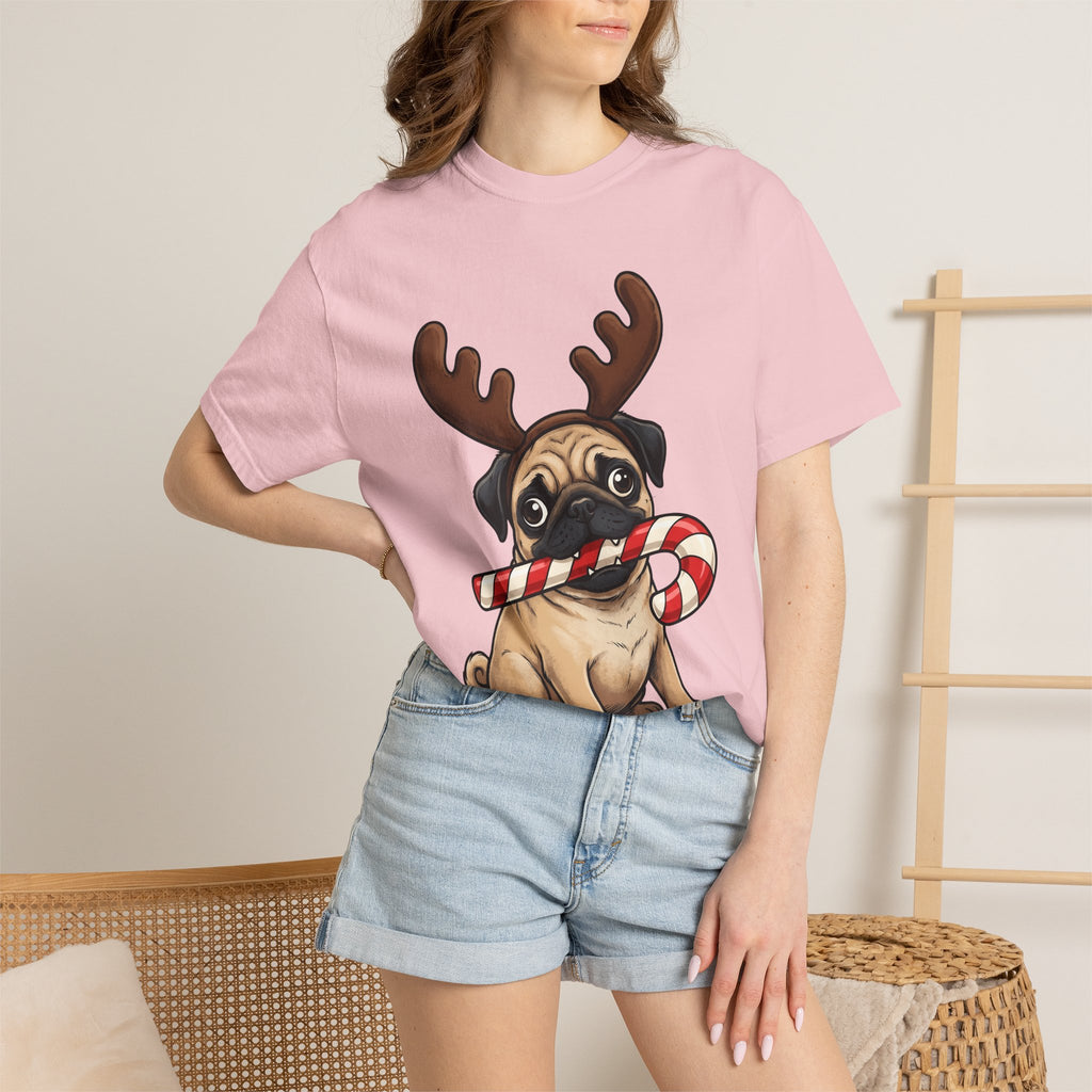 Pug Shirt Christmas Puppy Gift Women Caricature Tee Pug T-Shirt Xmas Fan Cartoon Tshirt Puppy Graphic Doodle Striped Candy Tshirt