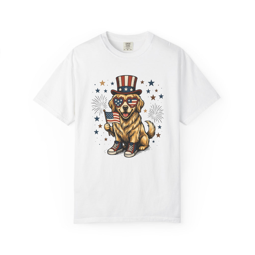 Golden Retriever Shirt Dog Nationalism Gift Women Comic Tee Retriever T-Shirt Dog Fan Cartoon Tshirt Patriotic Graphic Old School Stars And