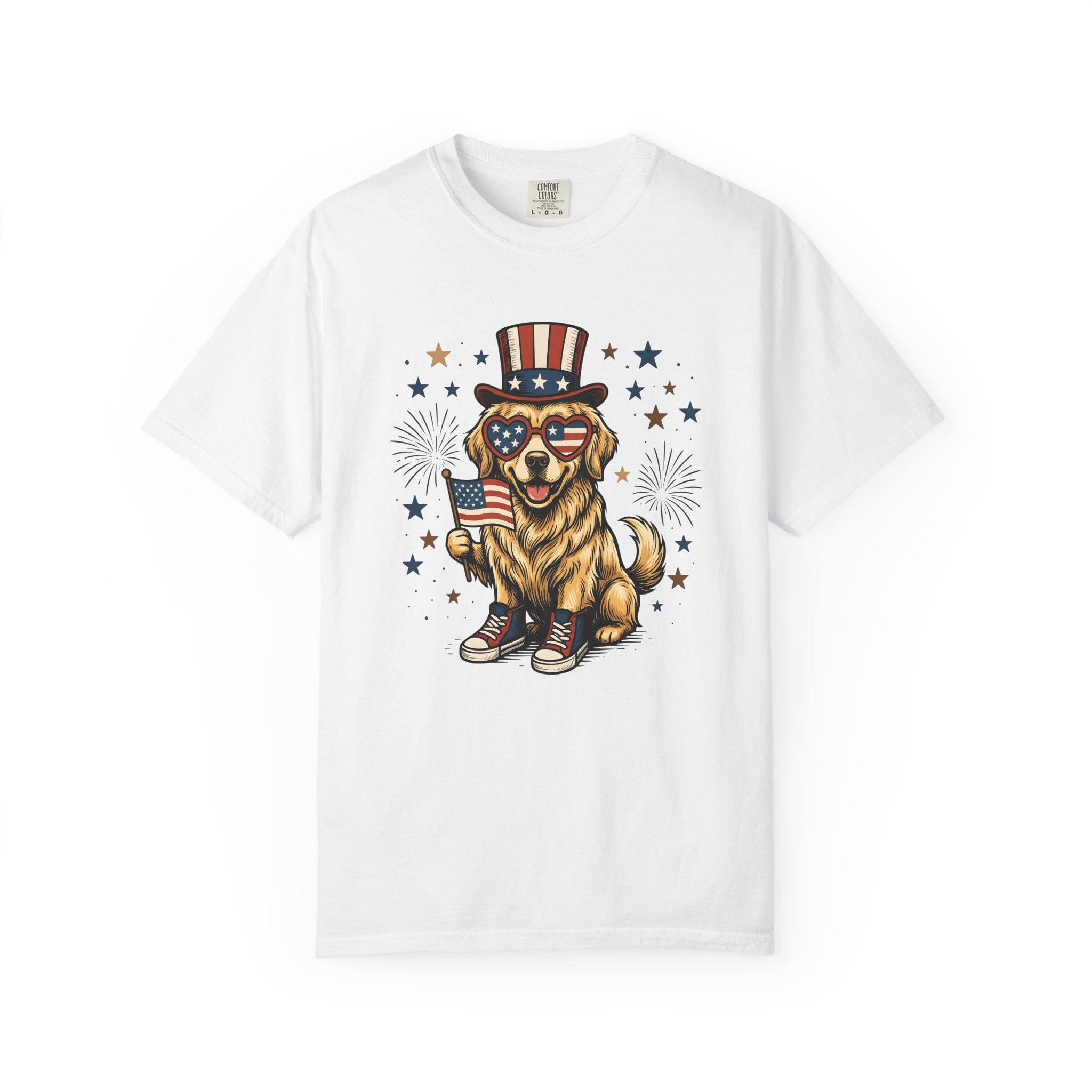 Golden Retriever Shirt Dog Nationalism Gift Women Comic Tee Retriever T-Shirt Dog Fan Cartoon Tshirt Patriotic Graphic Old School Stars And