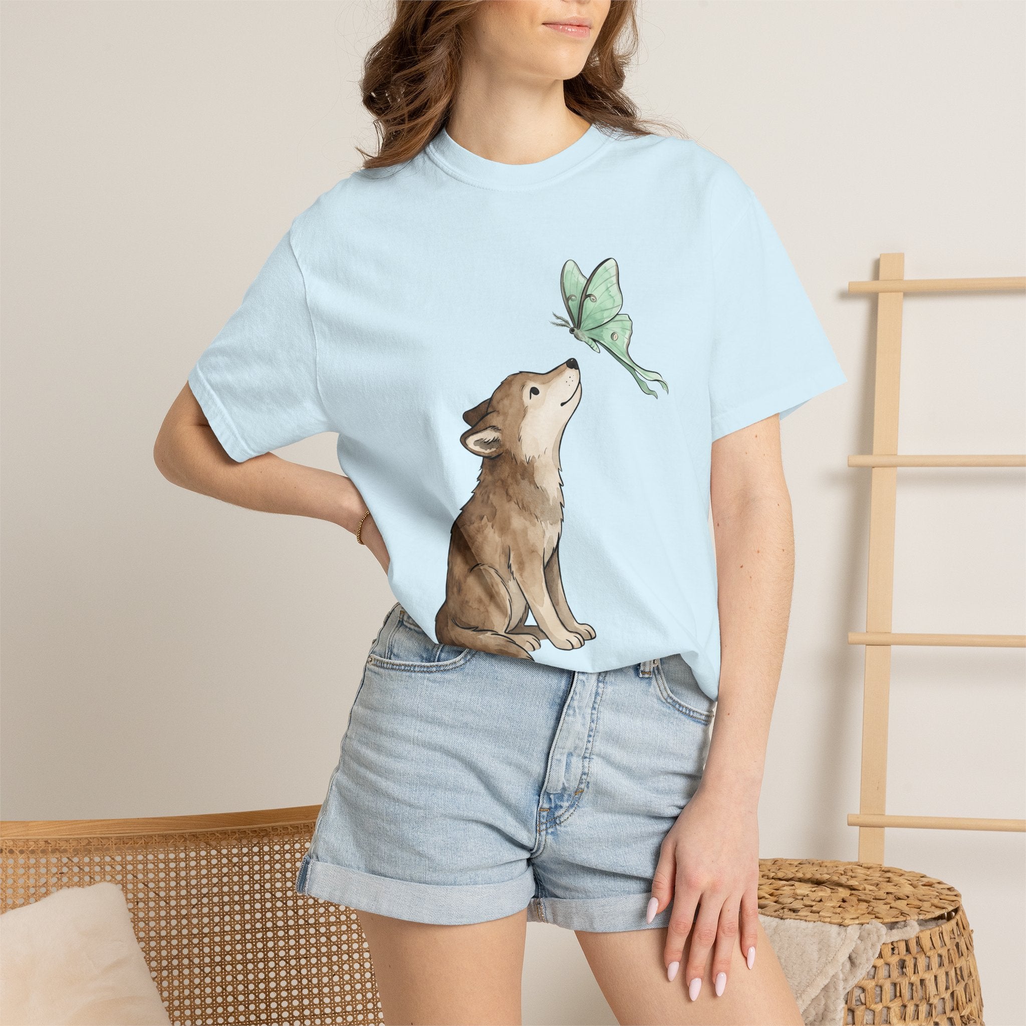 Wolf Butterfly Shirt Animals Wildlife Gift Women Pastel Tee Butterfly T-Shirt Animal Fan Soft Tshirt Wildlife Graphic Line Art Luna Moth
