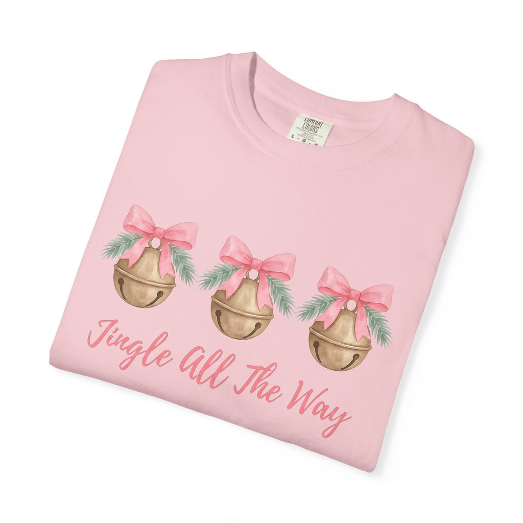 Jingle Bell Shirt Christmas Holiday Gift Women Watercolor Tee Bell T-Shirt Xmas Fan Christmas Tshirt Holiday Graphic Sketch Pink Ribbon