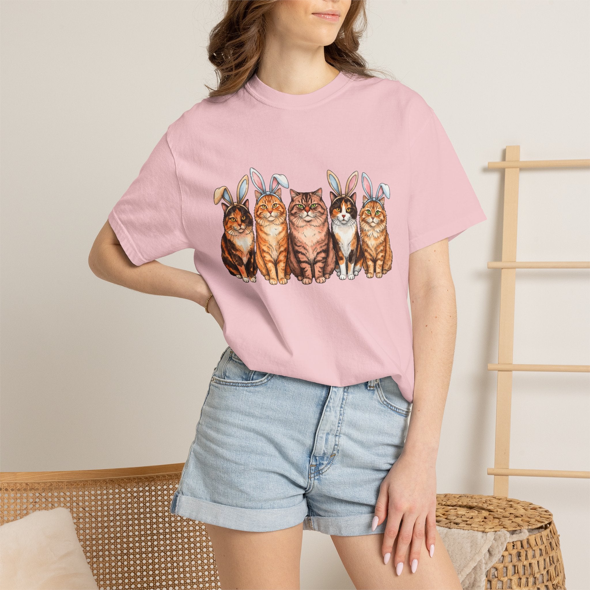 Cats Bunny Ears Shirt Easter Cat Gift Women Watercolor Tee Kitten T-Shirt Bunny Fan Feline Graphic Hand Drawn Animal Group Tshirt