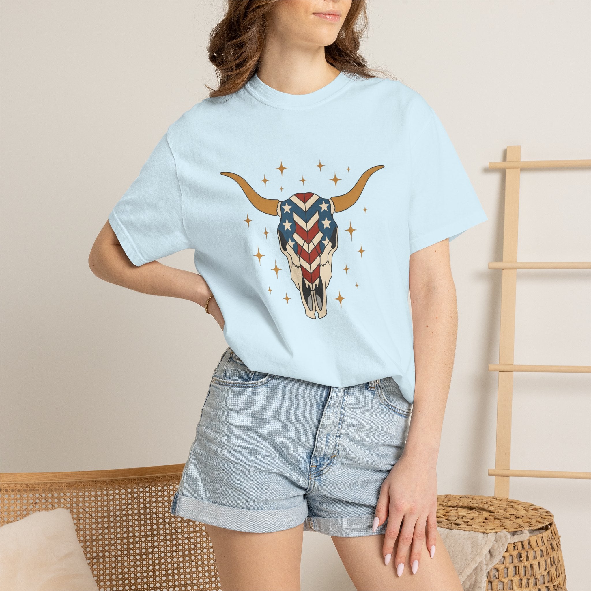 Longhorn Skull Shirt 4th Of July American Gift Women Tribal Tee Bull Skull T-Shirt Patriotic Fan Native Tshirt American Graphic Country