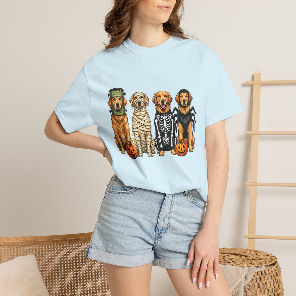 Golden Retriever Puppies Shirt Dog Spooky Gift Women Sketch Tee Puppy T-Shirt Dog Fan Pup Drawing Horror Graphic Retro Jack O Lantern Tshirt