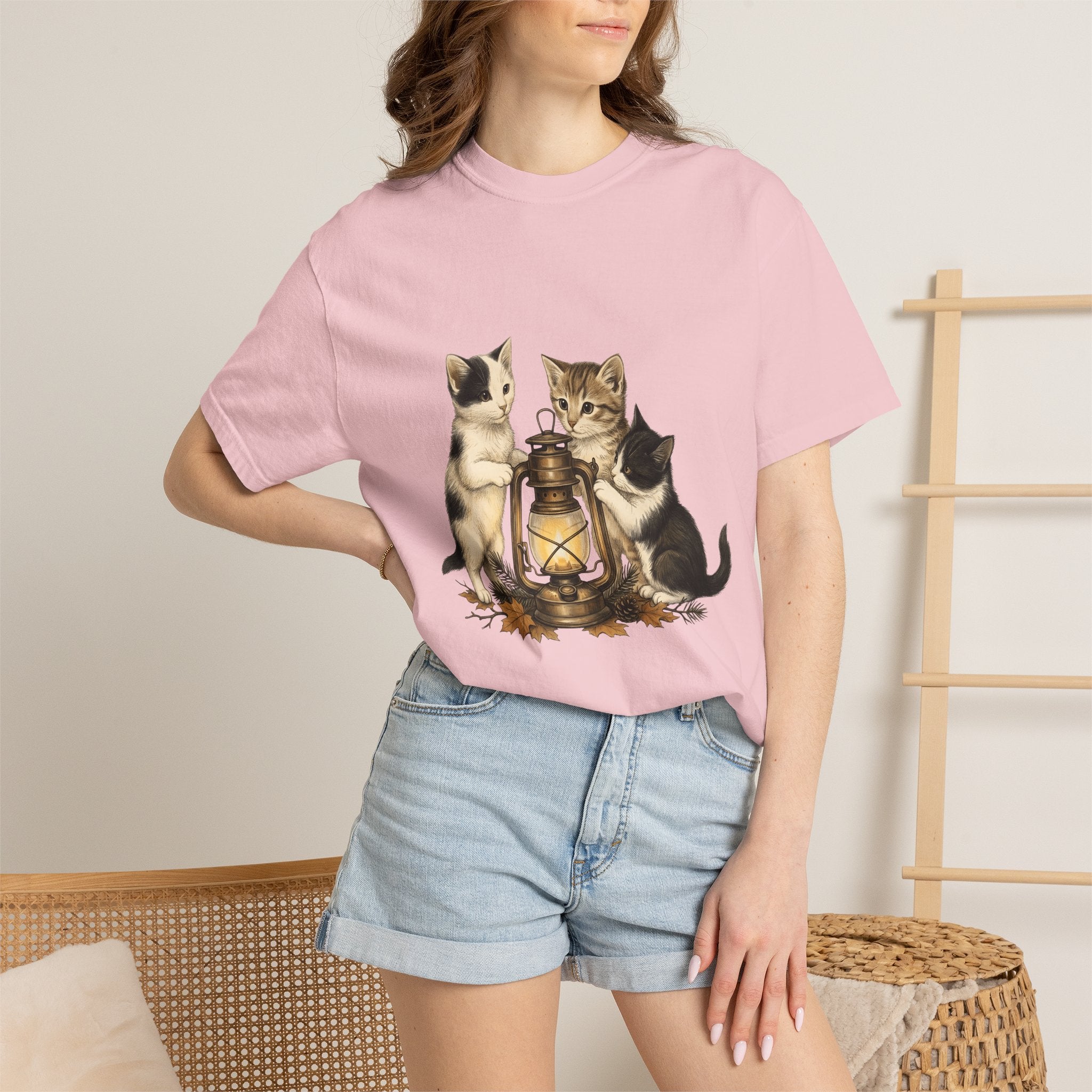 Feline Lantern Shirt Cat Environment Gift Women Naturalistic Tee Cat Lantern T-Shirt Cat Fan Eco Graphic Tshirt Shabby Chic Orange Leaves
