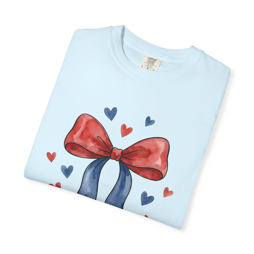 Usa Bow Shirt 4th Of July Event Gift Women Ink Tee Ribbon T-Shirt Patriotic Fan Tattoo Tshirt Party Graphic Outline Hearts Tshirt