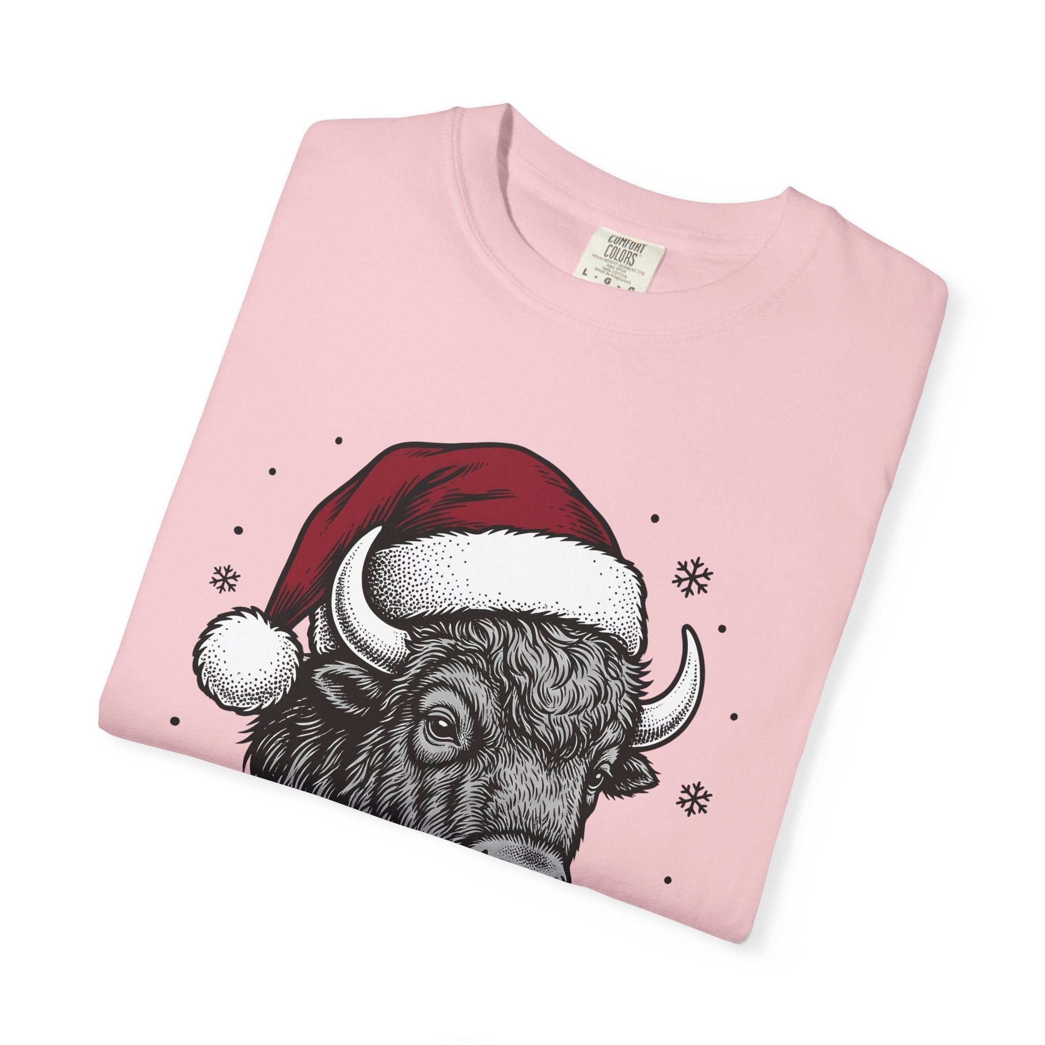 Bison Santa Hat Shirt Christmas Animal Gift Women Hand Drawn Tee Buffalo T-Shirt Xmas Fan Bison Graphic Vintage Snowflakes Tshirt