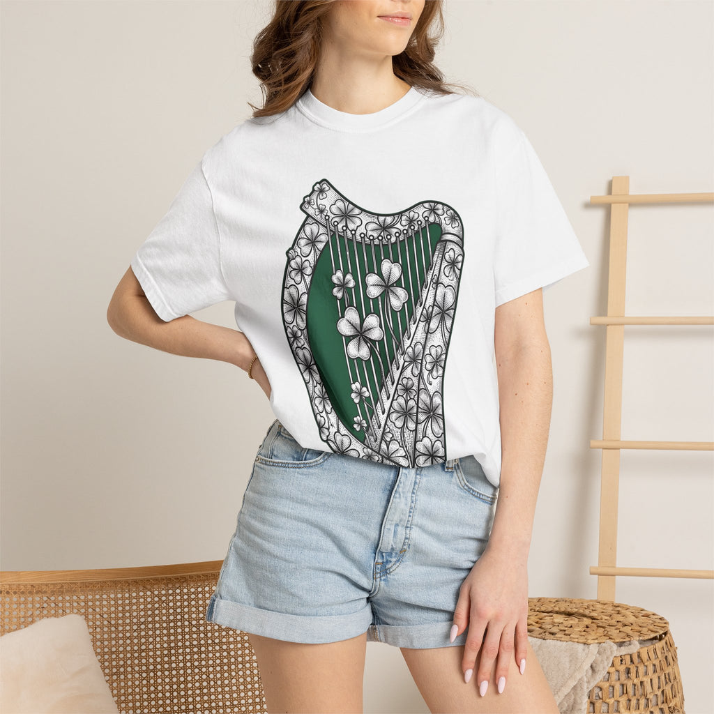 Shamrock Harp Shirt St Patrick's Day Gaelic Gift Women Line Art Tee Harp T-Shirt Patrick's Day Fan Celtic Graphic Tshirt Hand Drawn Clover
