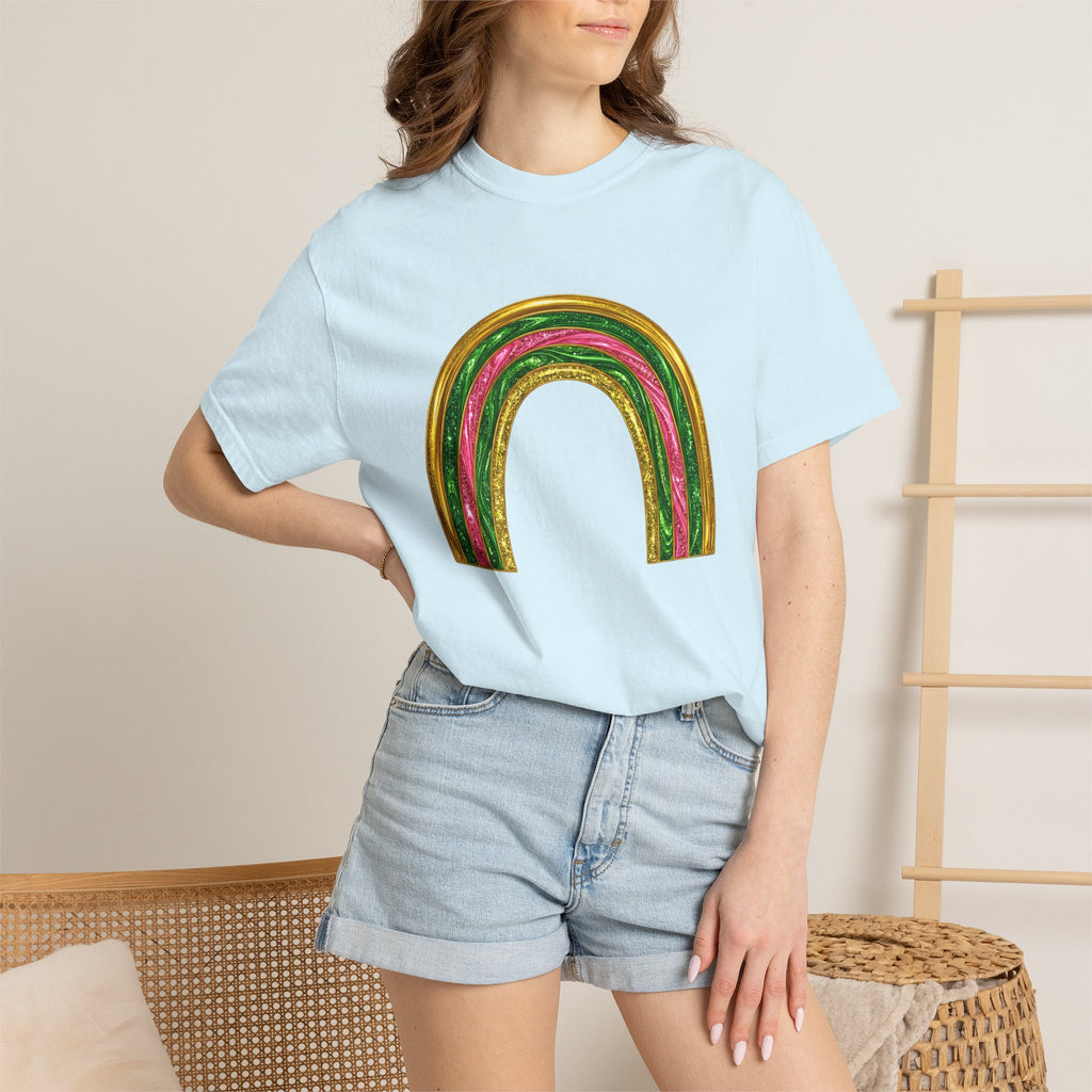 Sparkle Rainbow Shirt St Patrick's Day Arc Gift Women Glitter Tee Rainbow T-Shirt Shamrock Fan Sparkle Tshirt Curve Graphic Nostalgic Golden