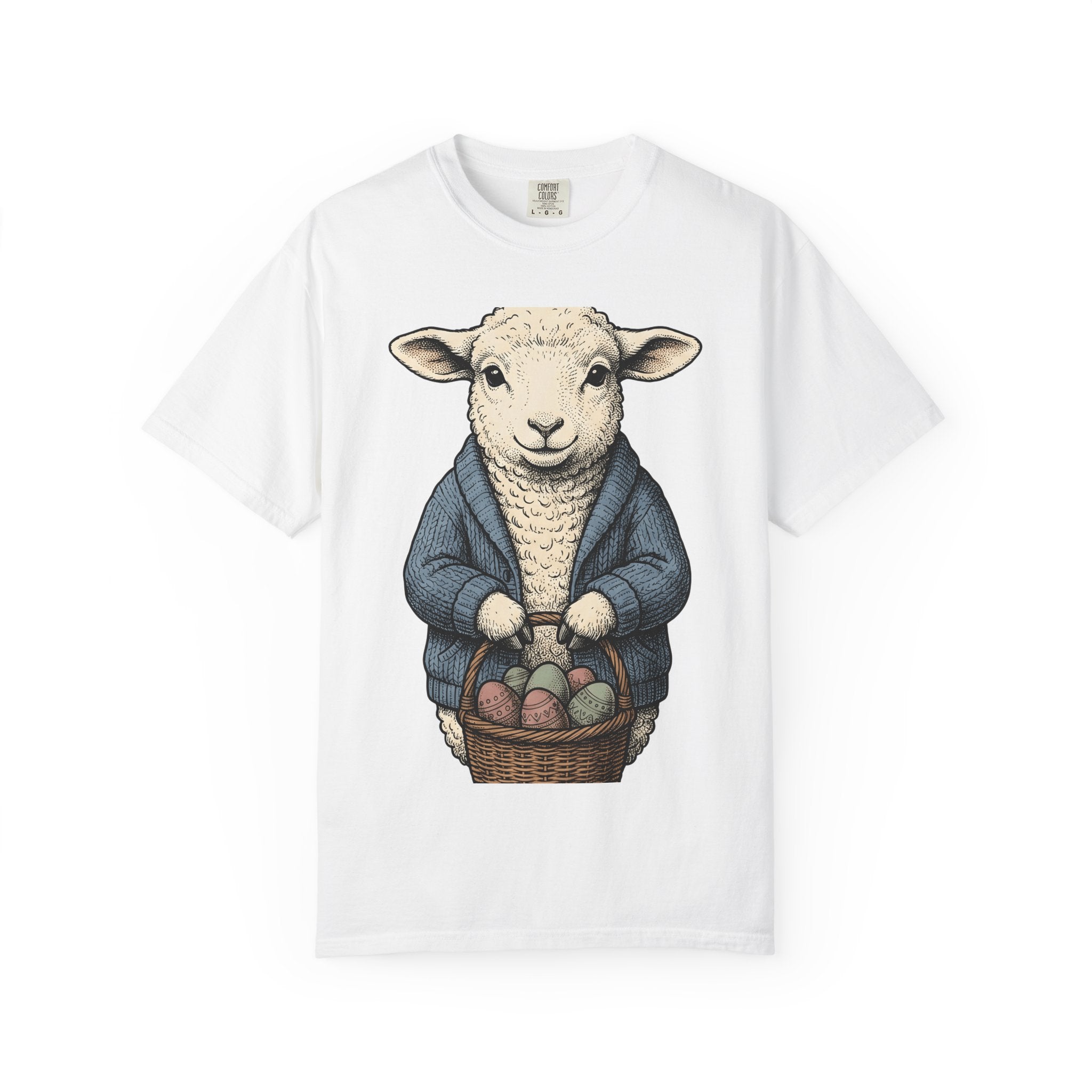 Lamb Basket Shirt Easter Creatures Gift Women Line Art Tee Hamper T-Shirt Easter Fan Hand Drawn Tshirt Animal Graphic Rustic Spring Eggs